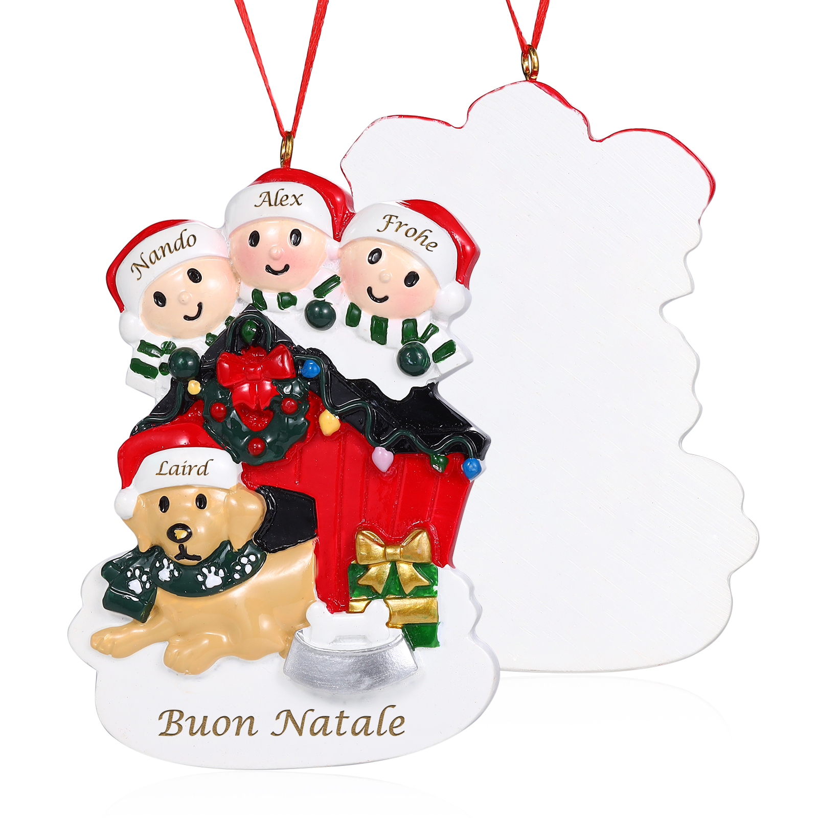 Decorazione Natalizia Personalizzata in Resina - Casetta di Natale Rossa con Pupazzi di Neve e Cagnolino - 4 Nomi Personalizzati e 1 Testo - Regalo di Natale per Famiglia | Jessemade