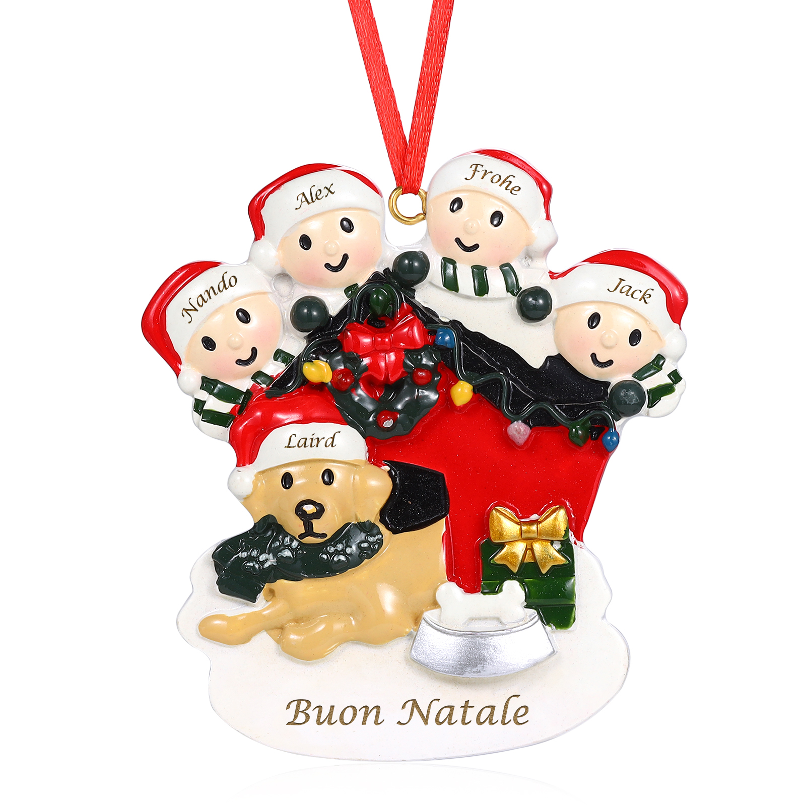 Decorazione Natalizia Personalizzata in Resina - Casetta di Natale Rossa con Pupazzi di Neve e Cagnolino - 5 Nomi Personalizzati e 1 Testo - Regalo di Natale per Famiglia | Jessemade