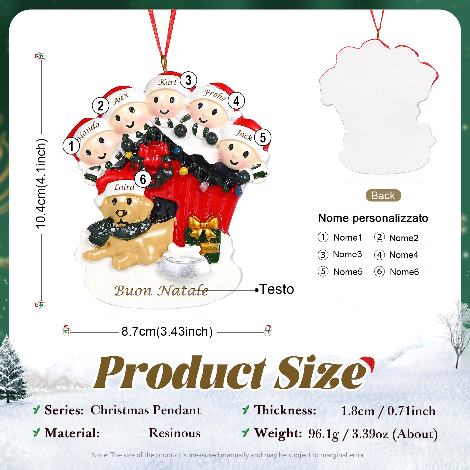 [Copy]Decorazione Natalizia Personalizzata in Resina - Casetta di Natale Rossa con Pupazzi di Neve e Cagnolino - 6 Nomi Personalizzati e 1 Testo - Regalo di Natale per Famiglia | Jessemade