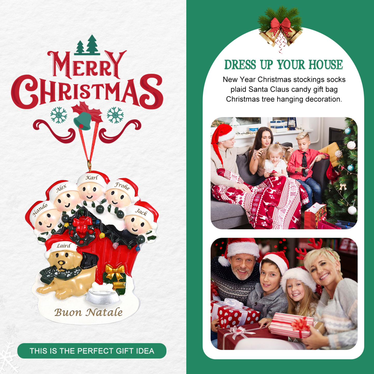 [Copy]Decorazione Natalizia Personalizzata in Resina - Casetta di Natale Rossa con Pupazzi di Neve e Cagnolino - 6 Nomi Personalizzati e 1 Testo - Regalo di Natale per Famiglia | Jessemade