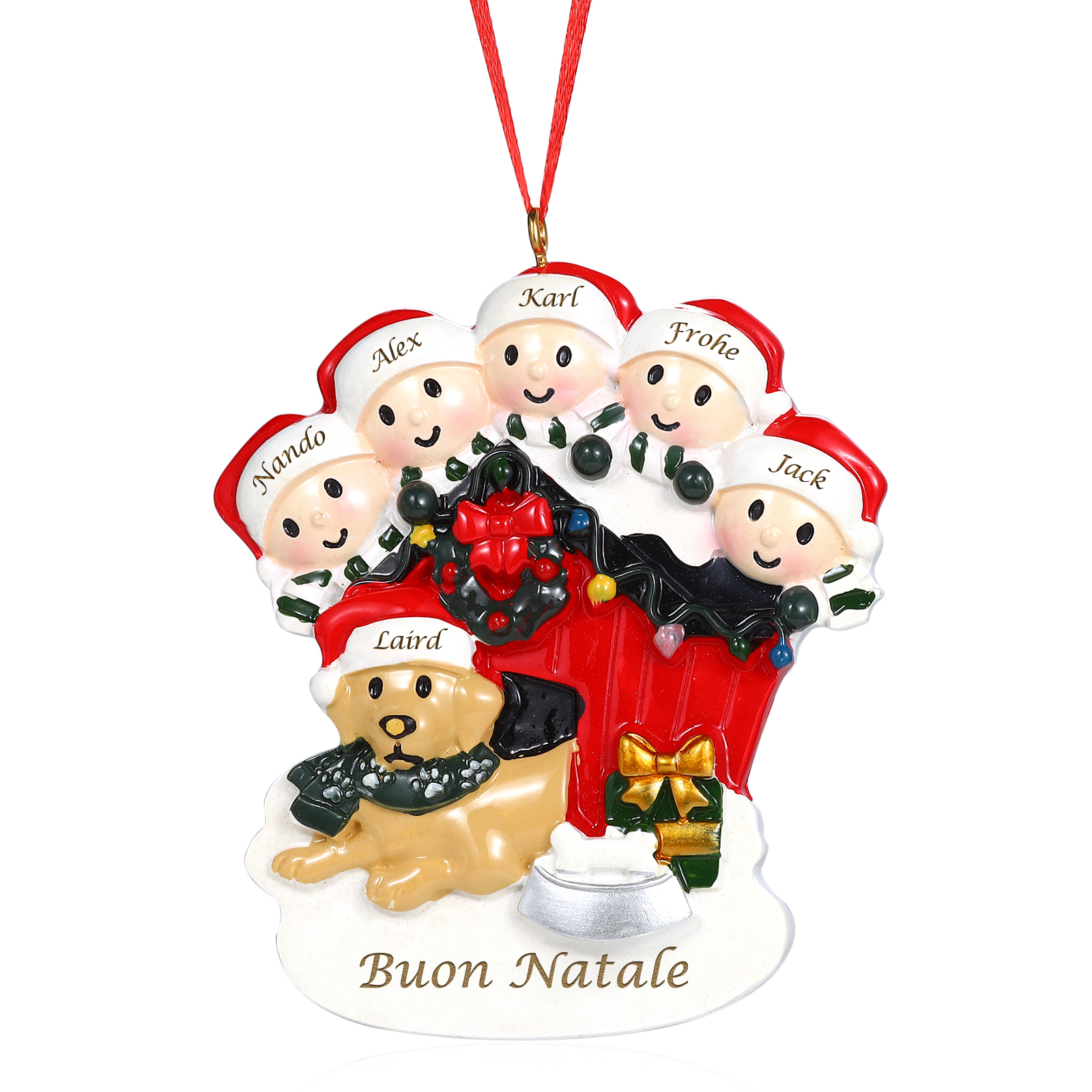 [Copy]Decorazione Natalizia Personalizzata in Resina - Casetta di Natale Rossa con Pupazzi di Neve e Cagnolino - 6 Nomi Personalizzati e 1 Testo - Regalo di Natale per Famiglia | Jessemade