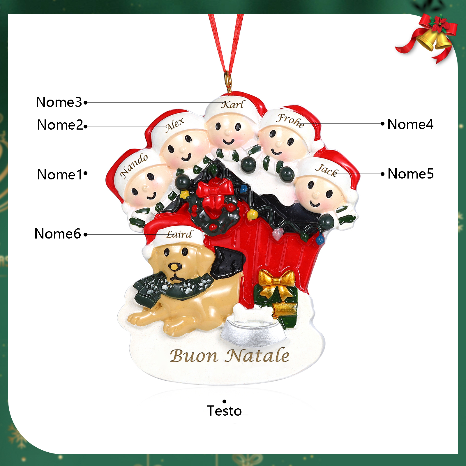 [Copy]Decorazione Natalizia Personalizzata in Resina - Casetta di Natale Rossa con Pupazzi di Neve e Cagnolino - 6 Nomi Personalizzati e 1 Testo - Regalo di Natale per Famiglia | Jessemade