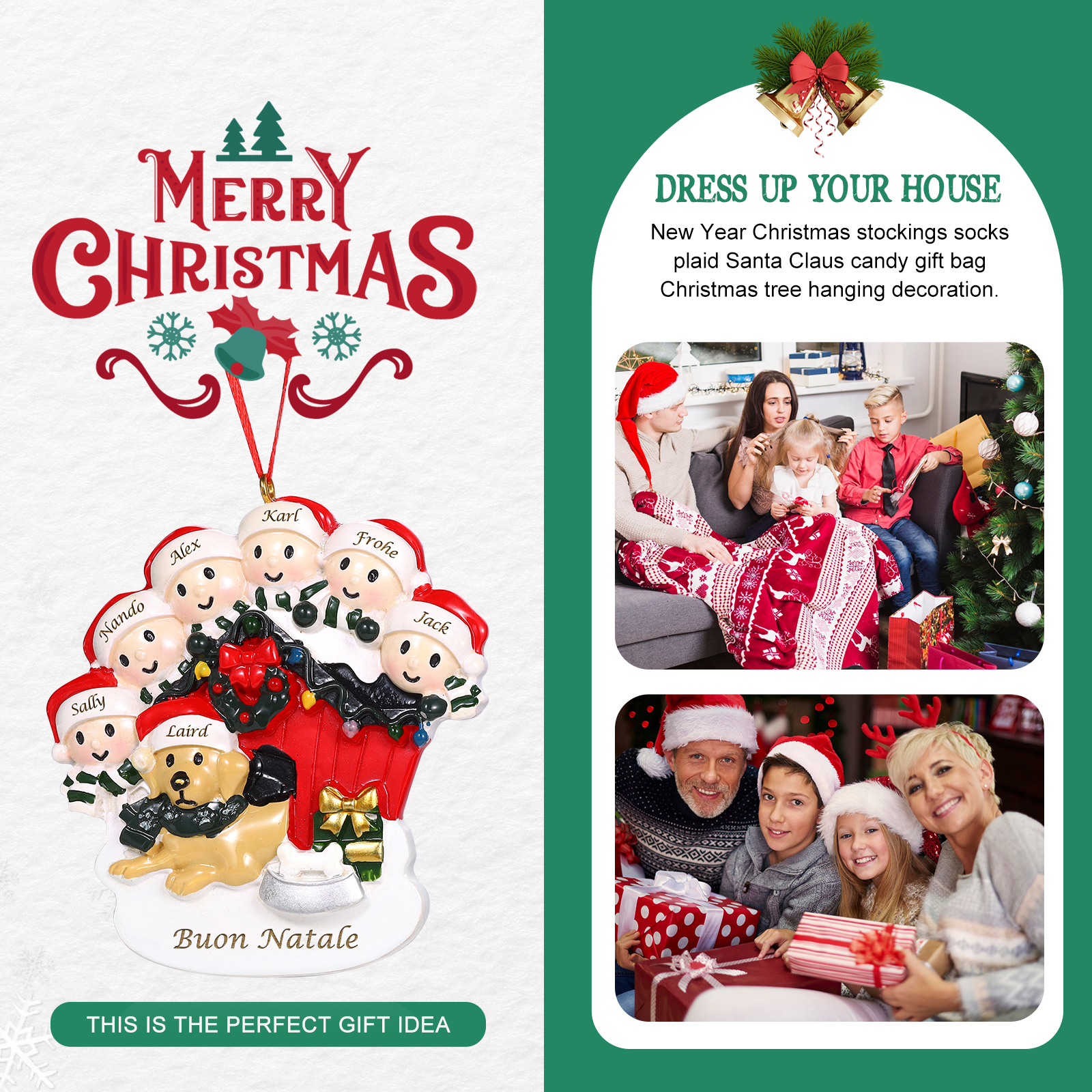 Decorazione Natalizia Personalizzata in Resina - Casetta di Natale Rossa con Pupazzi di Neve e Cagnolino - 7 Nomi Personalizzati e 1 Testo - Regalo di Natale per Famiglia | Jessemade