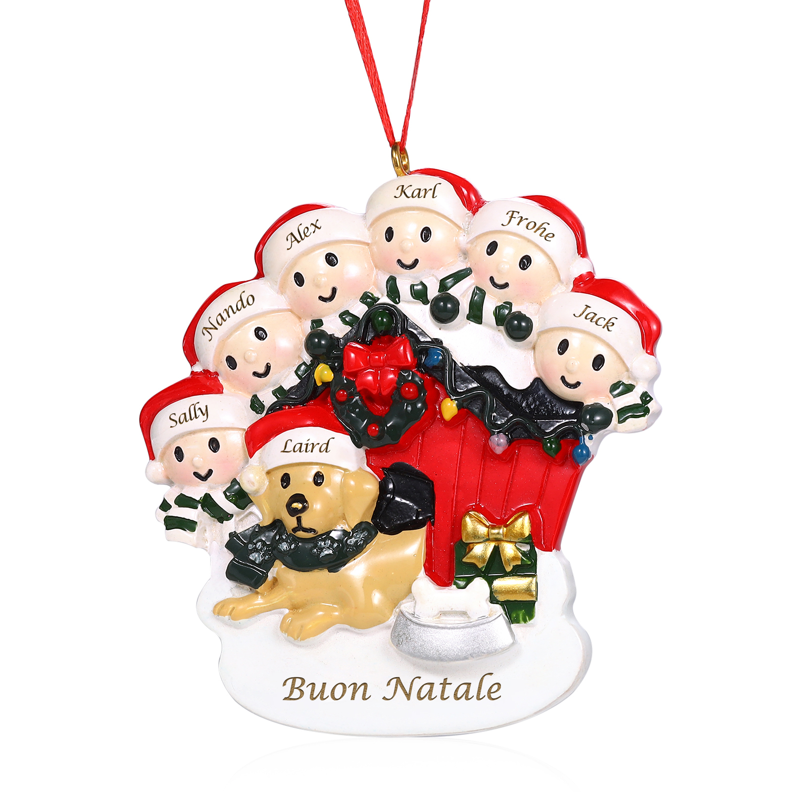 Decorazione Natalizia Personalizzata in Resina - Casetta di Natale Rossa con Pupazzi di Neve e Cagnolino - 7 Nomi Personalizzati e 1 Testo - Regalo di Natale per Famiglia | Jessemade