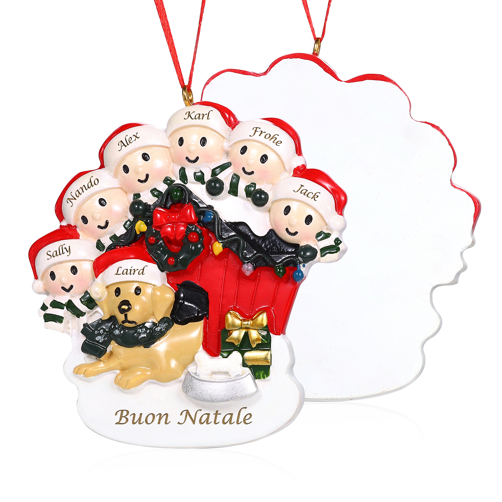 Decorazione Natalizia Personalizzata in Resina - Casetta di Natale Rossa con Pupazzi di Neve e Cagnolino - 7 Nomi Personalizzati e 1 Testo - Regalo di Natale per Famiglia | Jessemade