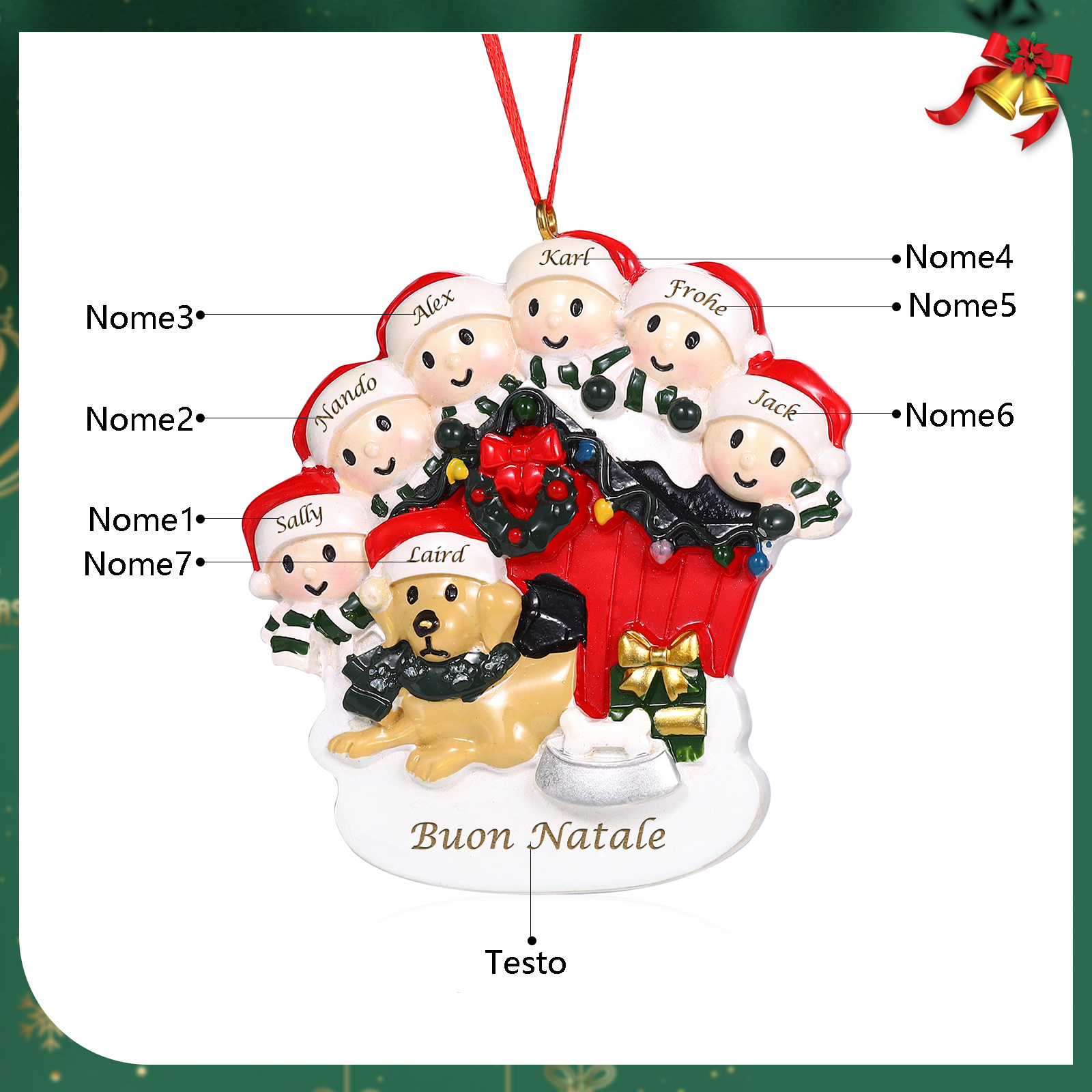 Decorazione Natalizia Personalizzata in Resina - Casetta di Natale Rossa con Pupazzi di Neve e Cagnolino - 7 Nomi Personalizzati e 1 Testo - Regalo di Natale per Famiglia | Jessemade