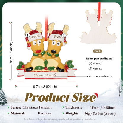 Ornamento Natalizio Personalizzato a Forma di Renne con 2 Nomi e 1 Testo - Regalo in Resina per Famiglie | Jessemade