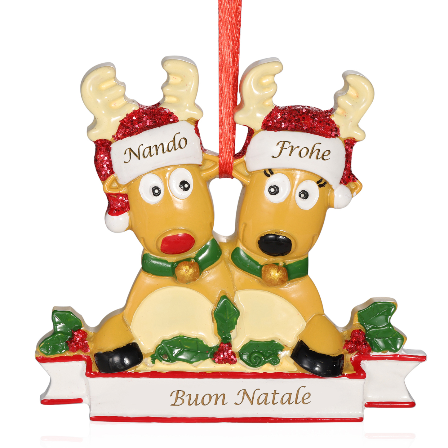 Ornamento Natalizio Personalizzato a Forma di Renne con 2 Nomi e 1 Testo - Regalo in Resina per Famiglie | Jessemade