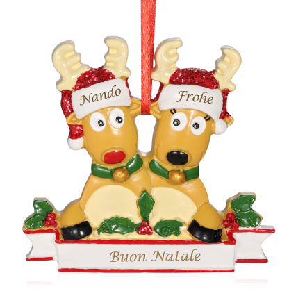 Ornamento Natalizio Personalizzato a Forma di Renne con 2 Nomi e 1 Testo - Regalo in Resina per Famiglie | Jessemade