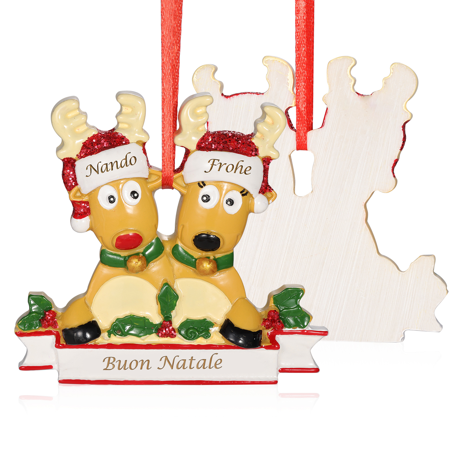 Ornamento Natalizio Personalizzato a Forma di Renne con 2 Nomi e 1 Testo - Regalo in Resina per Famiglie | Jessemade