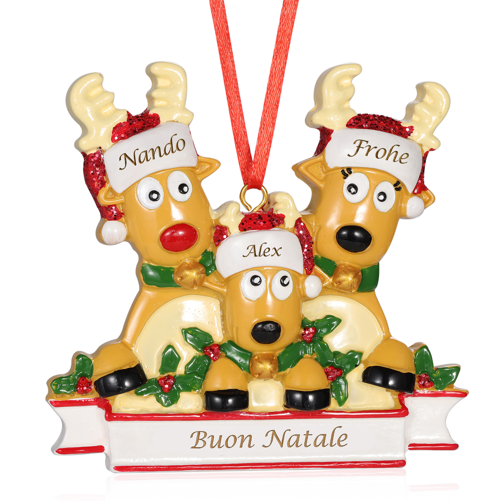 Ornamento Natalizio Personalizzato a Forma di Renne con 3 Nomi e 1 Testo - Regalo in Resina per Famiglie | Jessemade