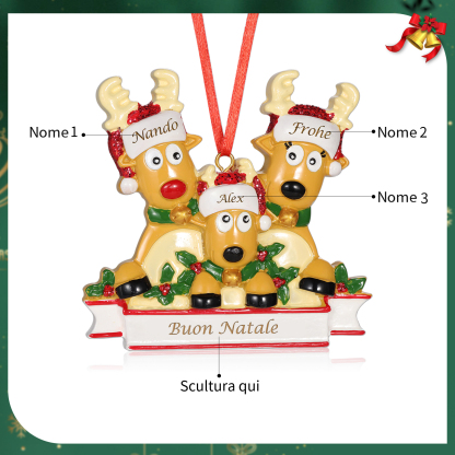 Ornamento Natalizio Personalizzato a Forma di Renne con 3 Nomi e 1 Testo - Regalo in Resina per Famiglie | Jessemade
