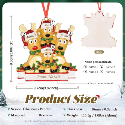 Ornamento Natalizio Personalizzato a Forma di Renne con 4 Nomi e 1 Testo - Regalo in Resina per Famiglie | Jessemade