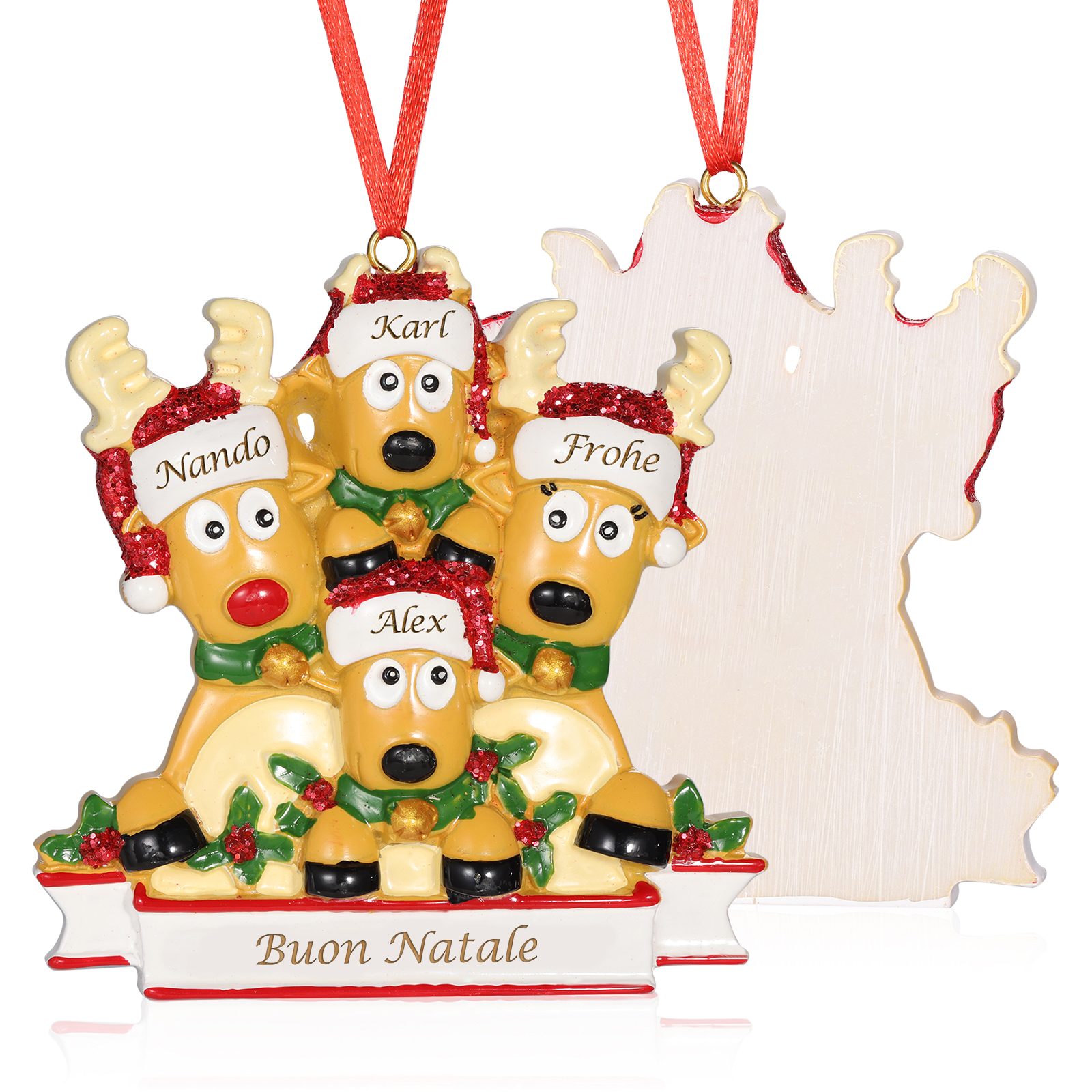 Ornamento Natalizio Personalizzato a Forma di Renne con 4 Nomi e 1 Testo - Regalo in Resina per Famiglie | Jessemade