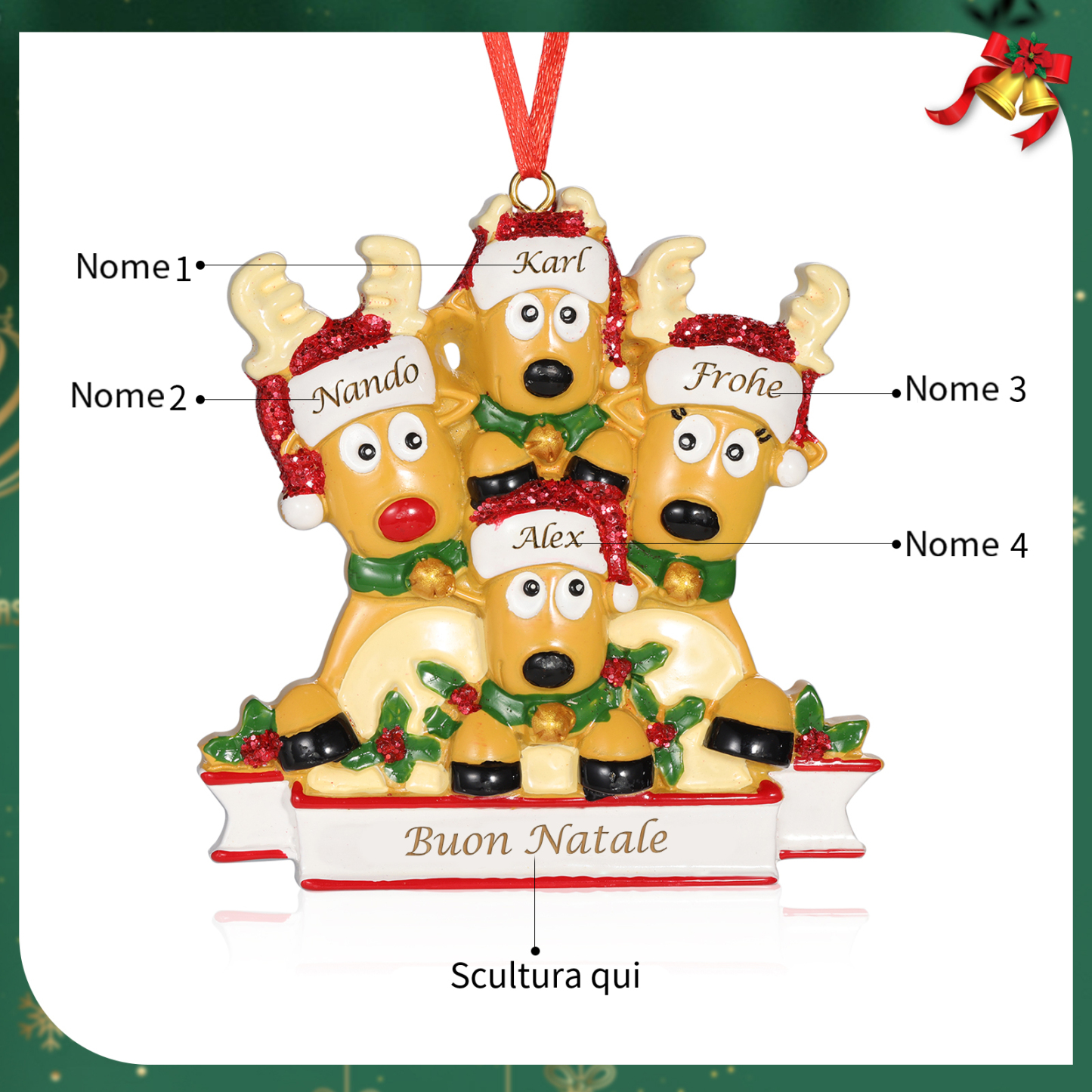 Ornamento Natalizio Personalizzato a Forma di Renne con 4 Nomi e 1 Testo - Regalo in Resina per Famiglie | Jessemade