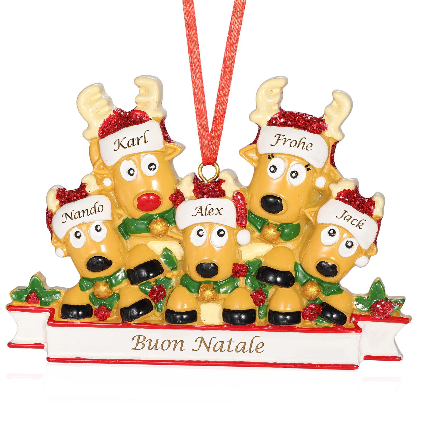 Ornamento Natalizio Personalizzato a Forma di Renne con 5 Nomi e 1 Testo - Regalo in Resina per Famiglie | Jessemade