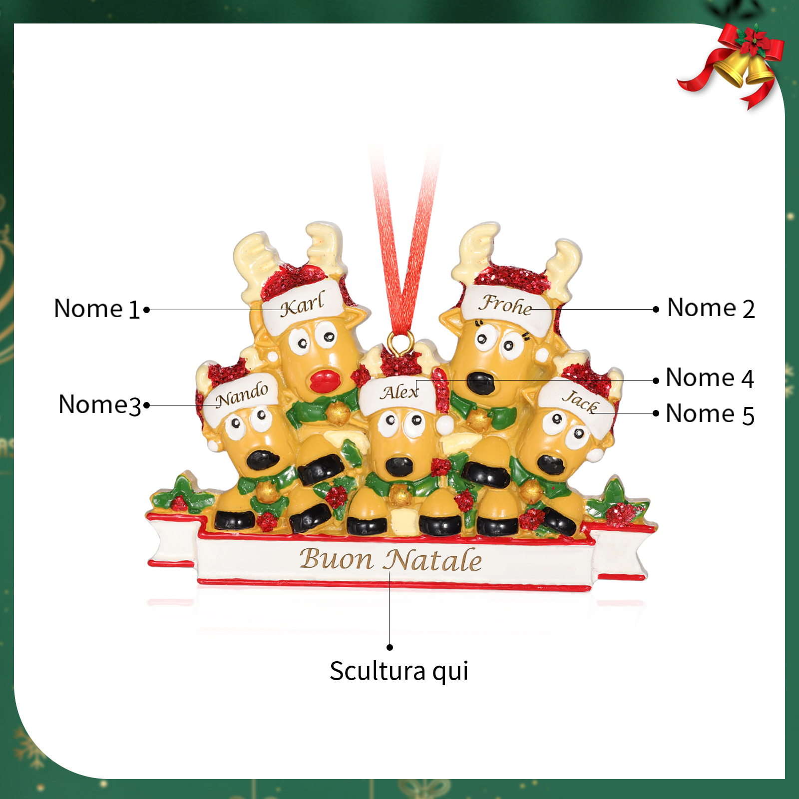 Ornamento Natalizio Personalizzato a Forma di Renne con 5 Nomi e 1 Testo - Regalo in Resina per Famiglie | Jessemade