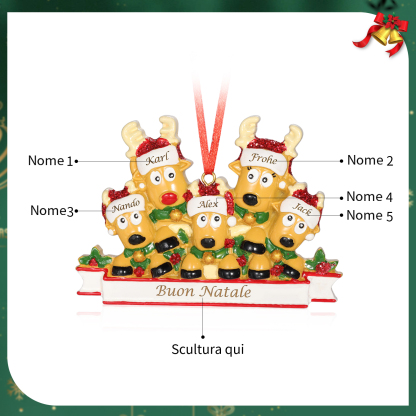 Ornamento Natalizio Personalizzato a Forma di Renne con 5 Nomi e 1 Testo - Regalo in Resina per Famiglie | Jessemade