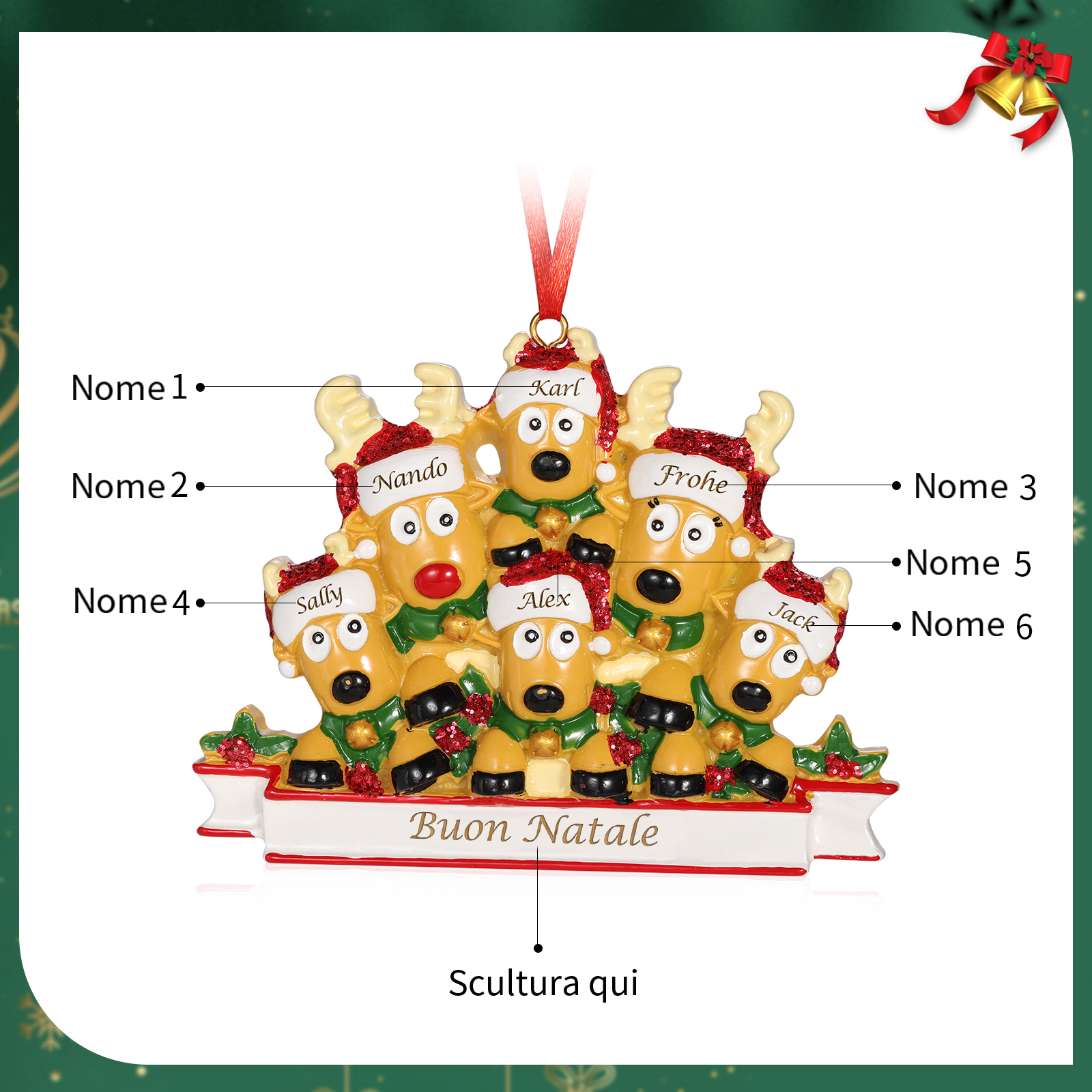Ornamento Natalizio Personalizzato a Forma di Renne con 6 Nomi e 1 Testo - Regalo in Resina per Famiglie | Jessemade