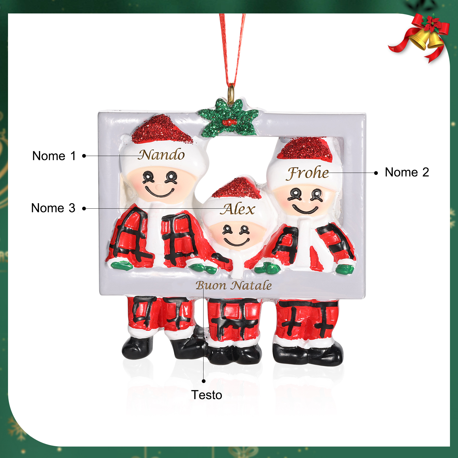 Ornamento Natalizio in Legno Personalizzato con 3 Nomi e 1 Testo - Regalo Perfetto per la Famiglia | Jessemade