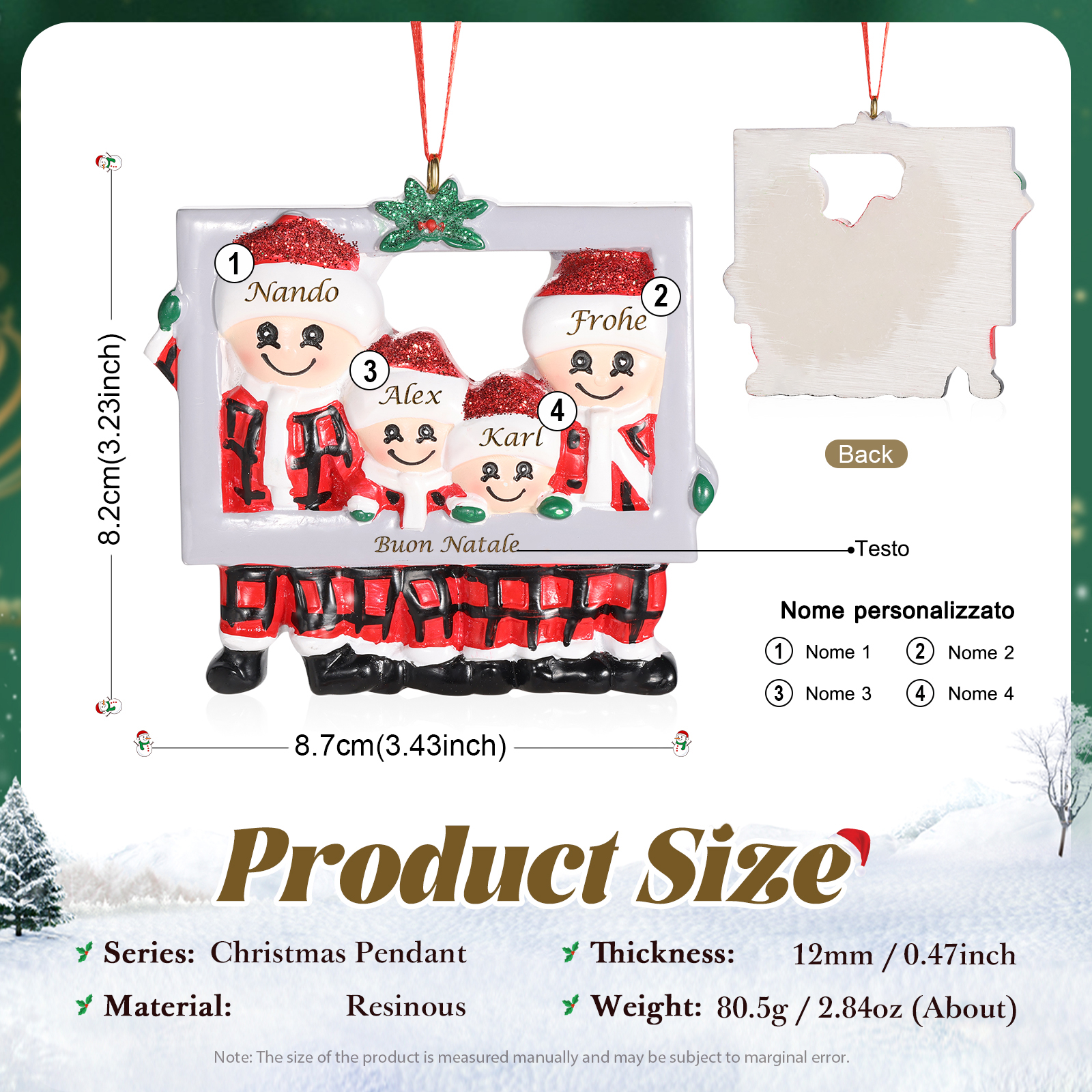 Ornamento Natalizio in Legno Personalizzato con 4 Nomi e 1 Testo - Regalo Perfetto per la Famiglia | Jessemade
