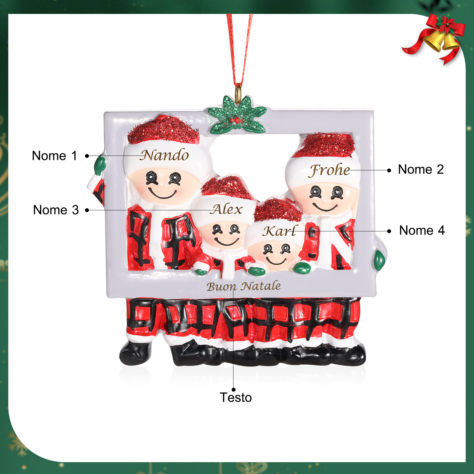Ornamento Natalizio in Legno Personalizzato con 4 Nomi e 1 Testo - Regalo Perfetto per la Famiglia | Jessemade