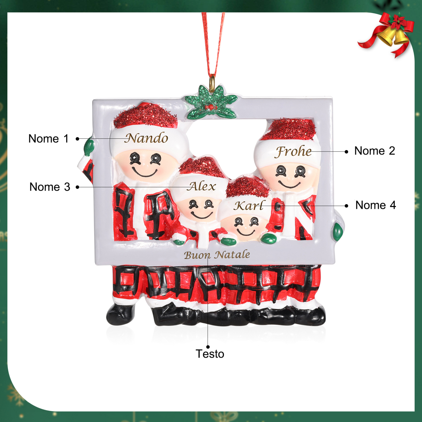 Ornamento Natalizio in Legno Personalizzato con 4 Nomi e 1 Testo - Regalo Perfetto per la Famiglia | Jessemade