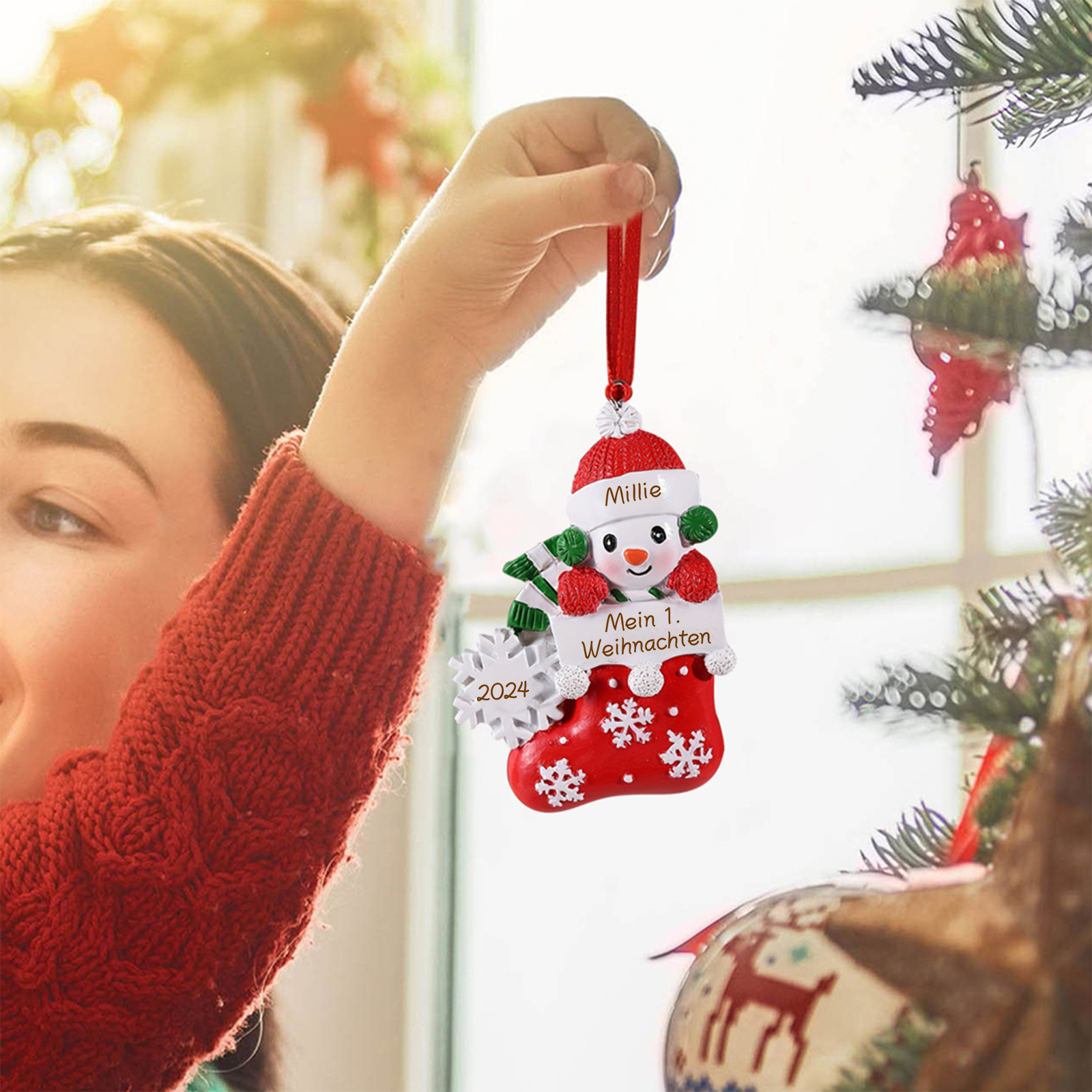 Personalized Baby’s First Christmas Snowman Stocking Ornament – Custom Name & Text & Year Resin Hanging Decoration Gift for Child | Jessemade