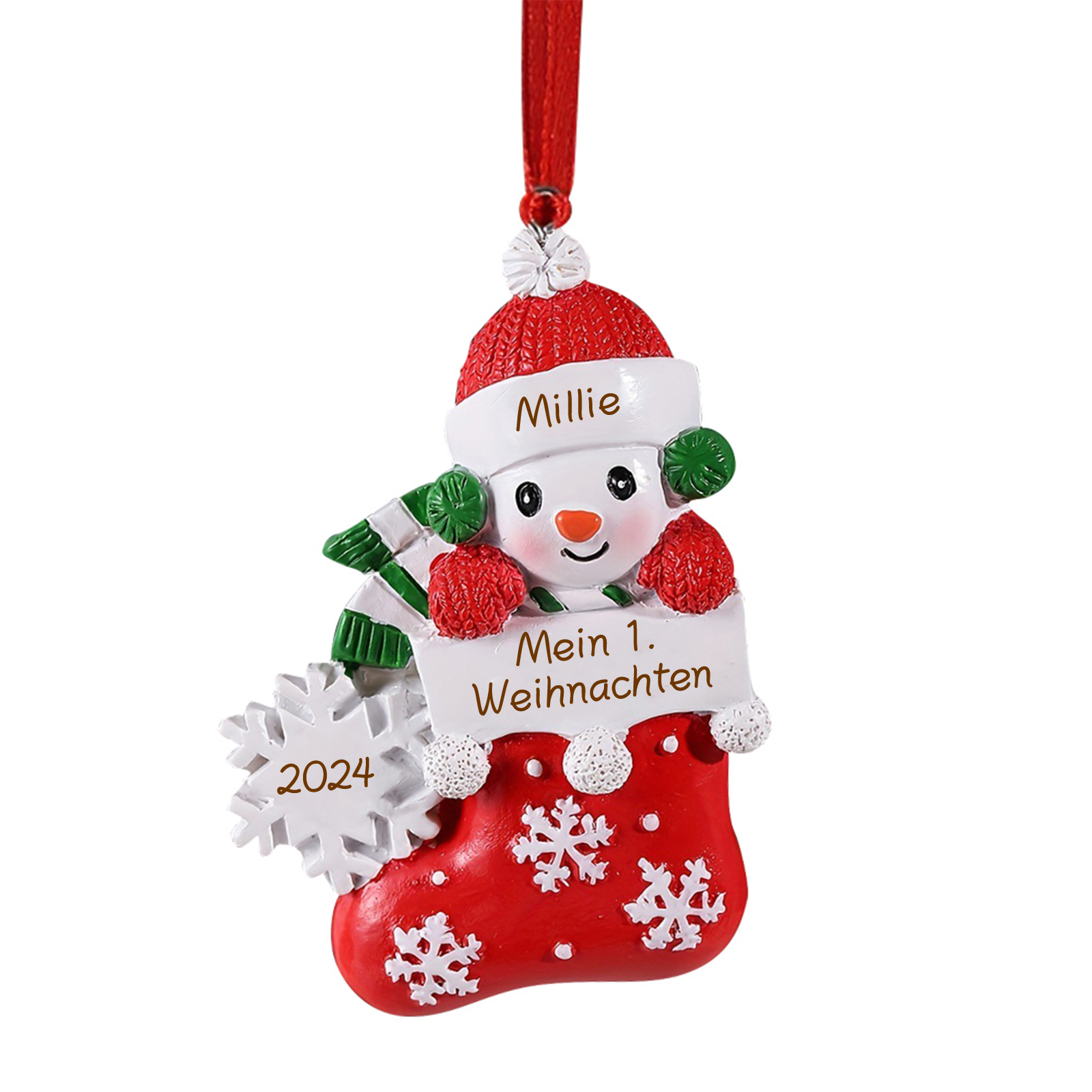 Personalized Baby’s First Christmas Snowman Stocking Ornament – Custom Name & Text & Year Resin Hanging Decoration Gift for Child | Jessemade