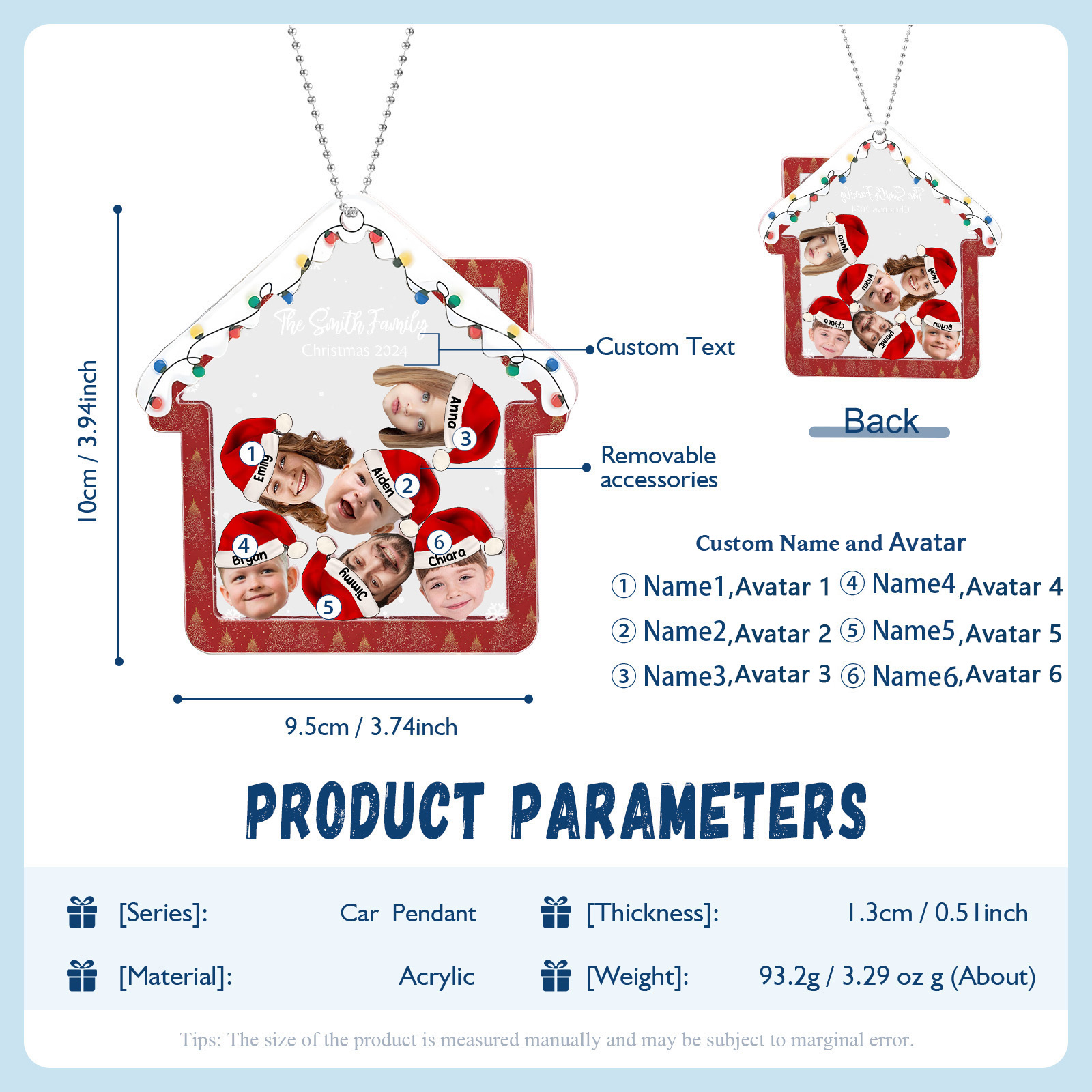 Personalised Christmas Family Ornament – Custom 6 Names & 6 Photos & 1 Text Christmas Gift for Family | Jessemade