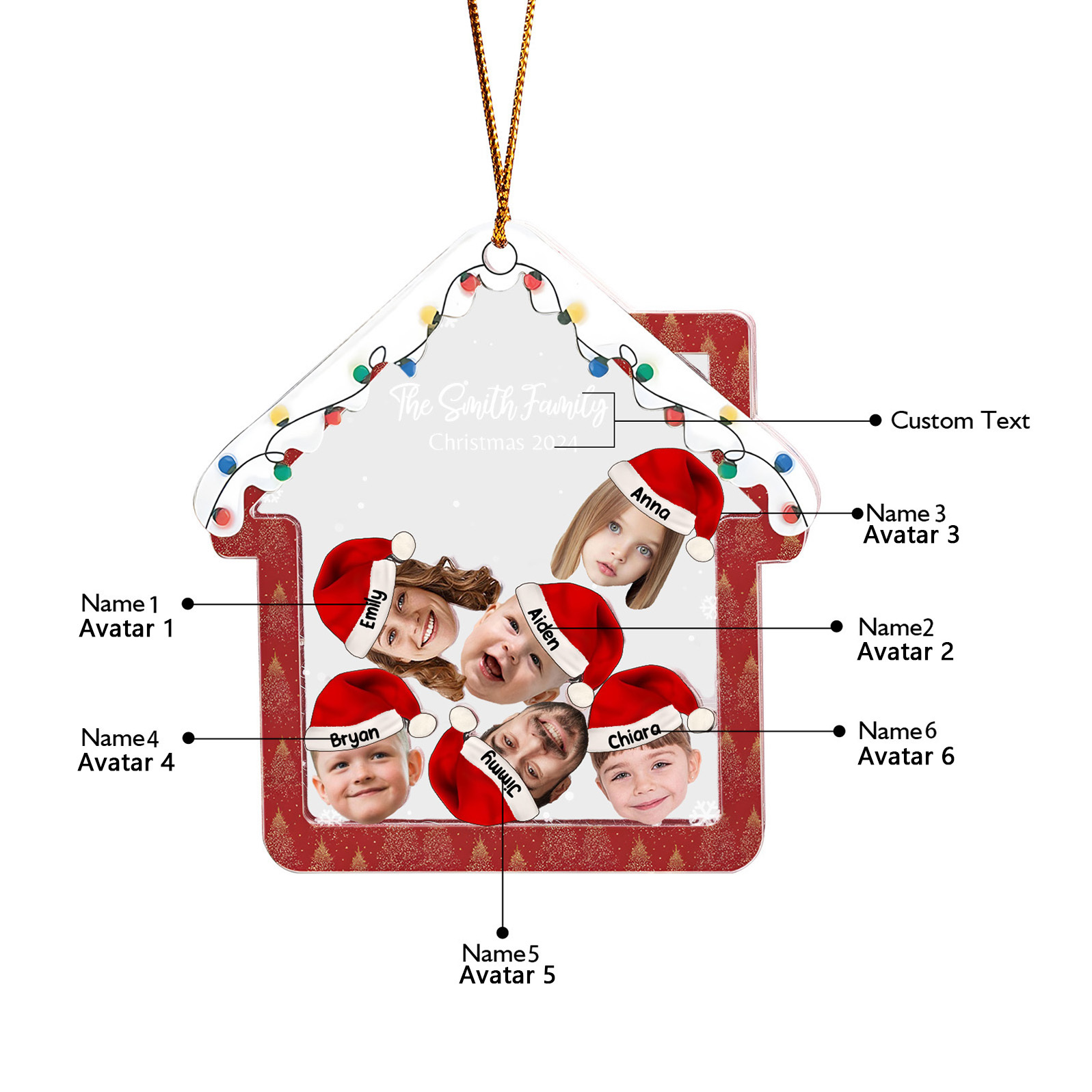 Personalised Christmas Family Ornament – Custom 6 Names & 6 Photos & 1 Text Christmas Gift for Family | Jessemade