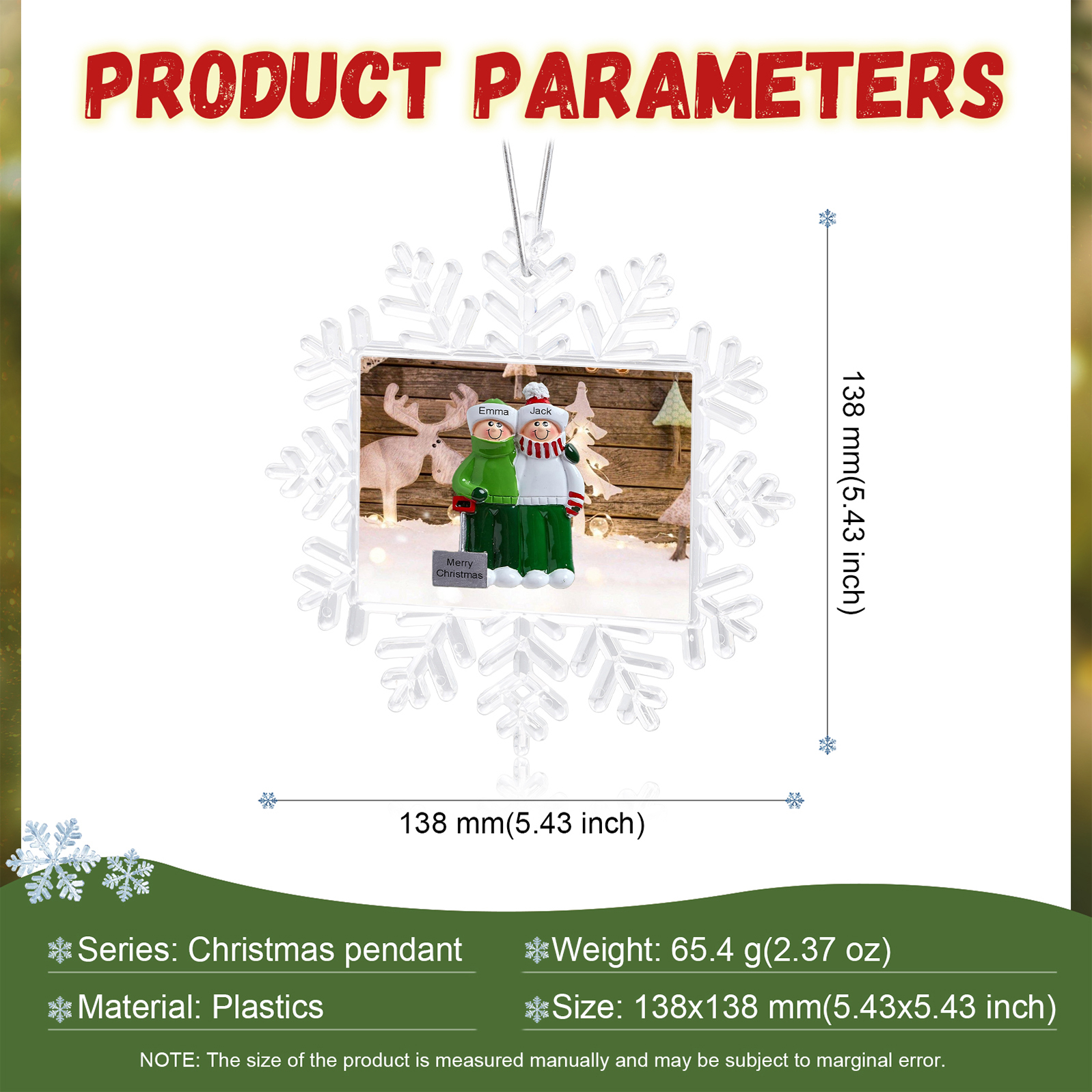 Ornamento Natalizio Personalizzato in Plastica a Forma di Fiocco di Neve - 2 Nomi e Testo Personalizzati, Regalo di Natale per Famiglia | Jessemade