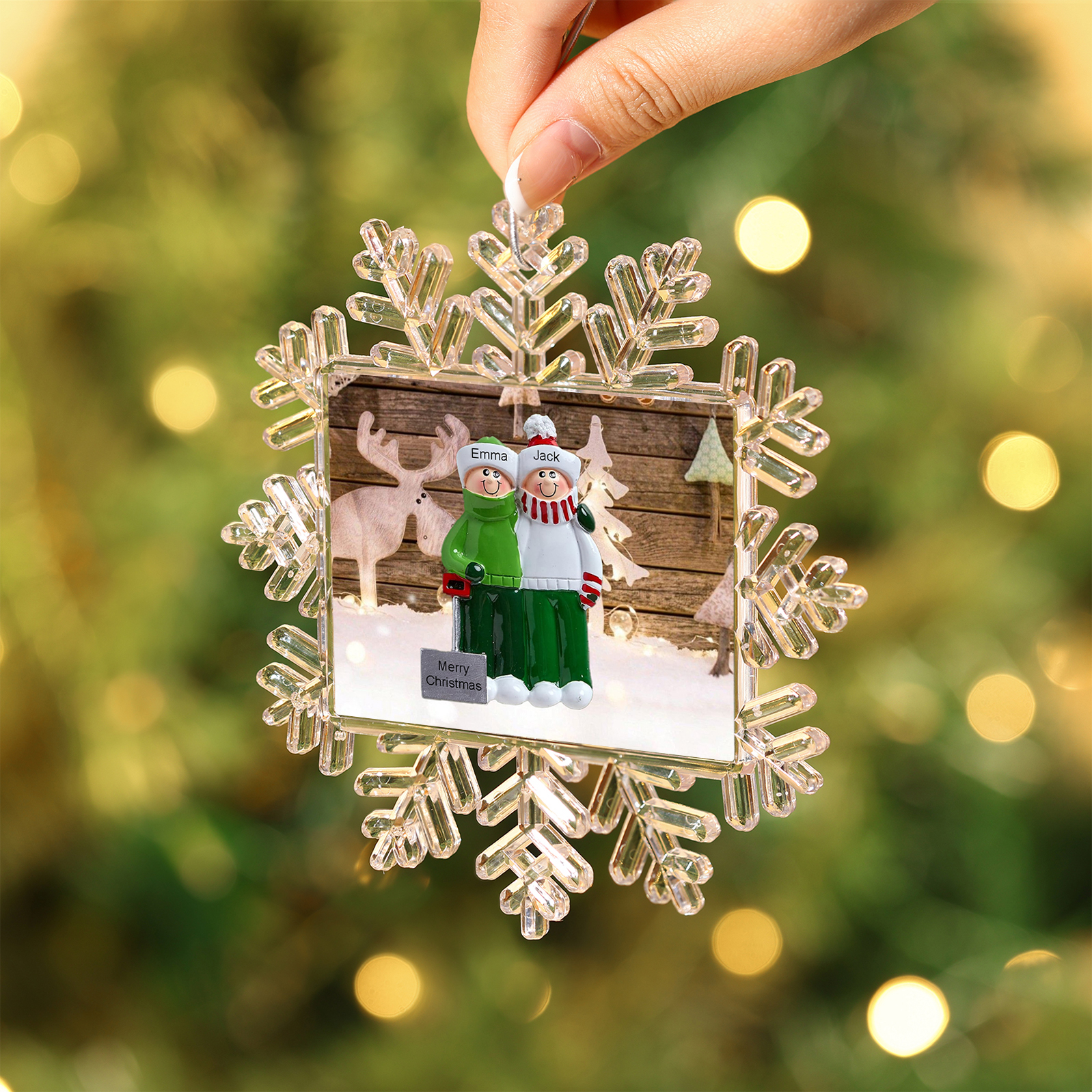 Ornamento Natalizio Personalizzato in Plastica a Forma di Fiocco di Neve - 2 Nomi e Testo Personalizzati, Regalo di Natale per Famiglia | Jessemade