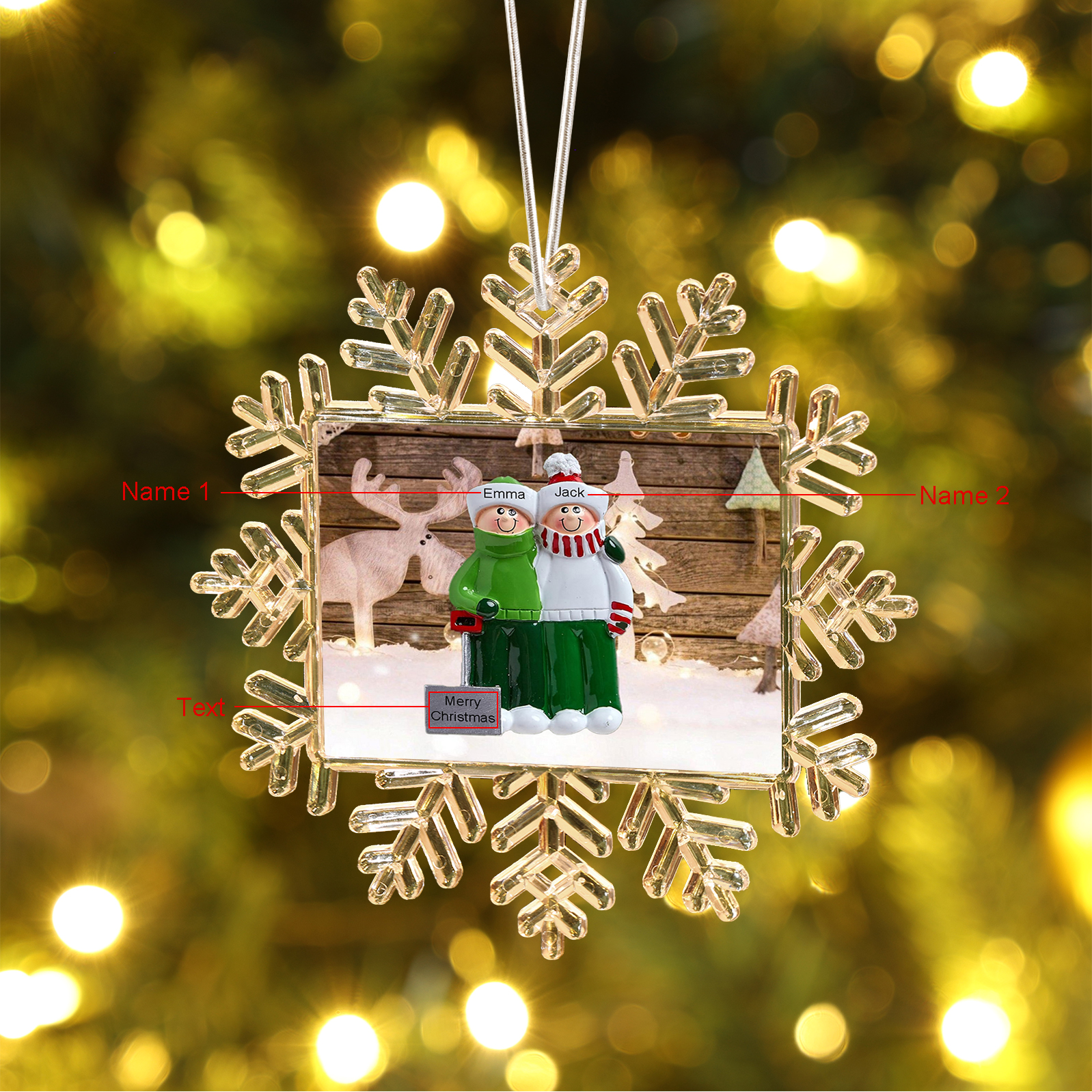 Ornamento Natalizio Personalizzato in Plastica a Forma di Fiocco di Neve - 2 Nomi e Testo Personalizzati, Regalo di Natale per Famiglia | Jessemade