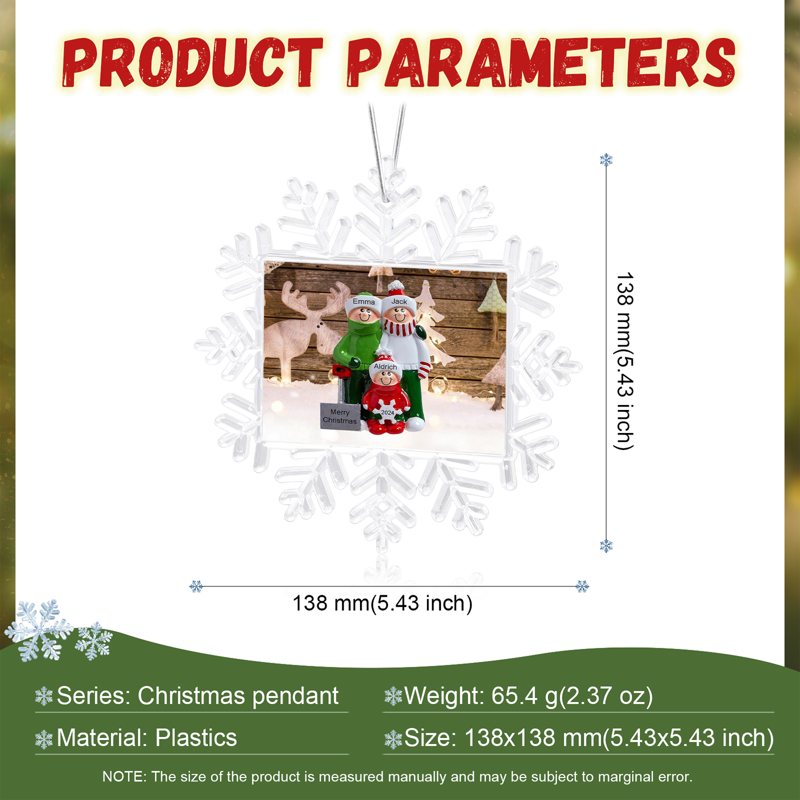 Ornamento Natalizio Personalizzato in Plastica a Forma di Fiocco di Neve - 3 Nomi e Testo Personalizzati, Regalo di Natale per Famiglia | Jessemade