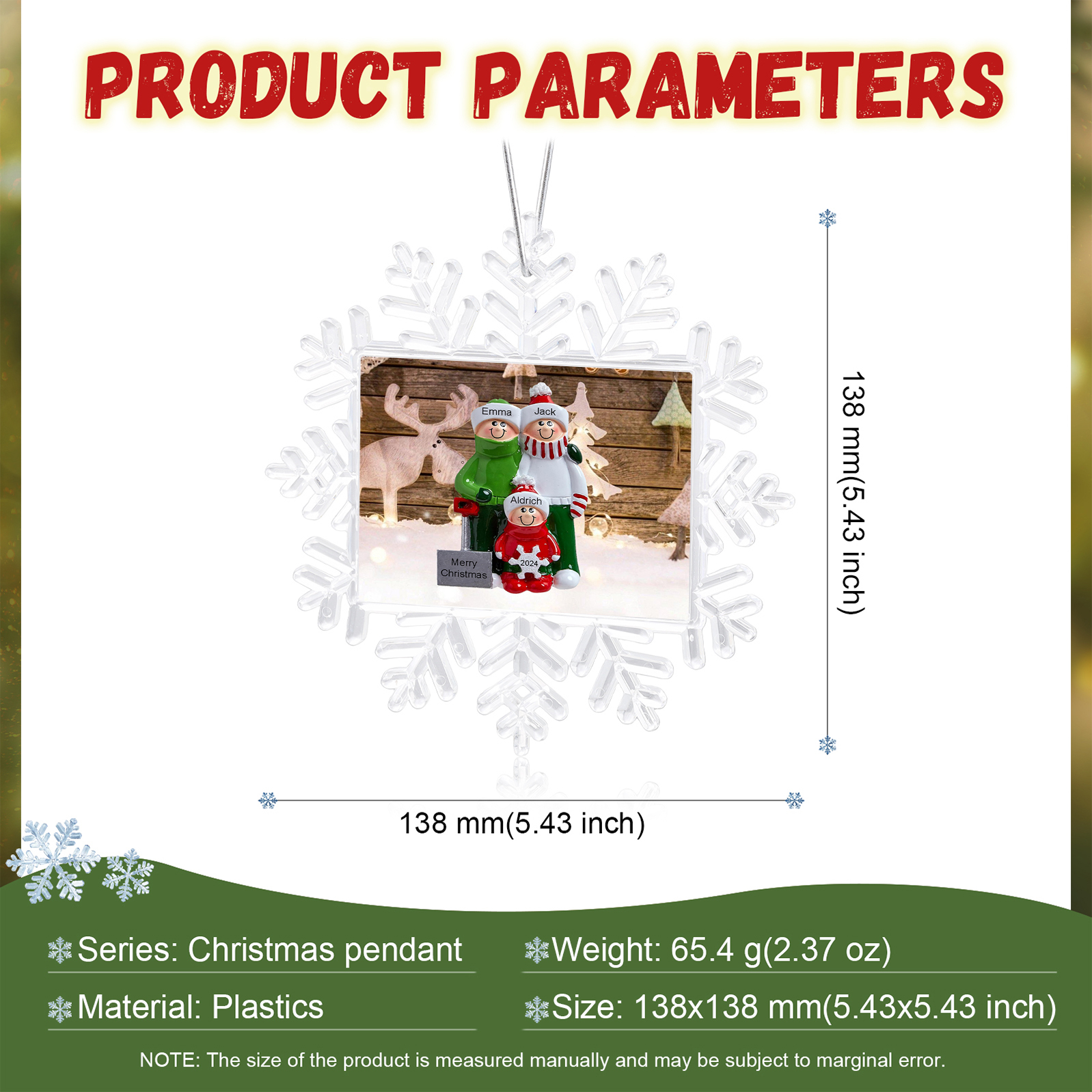 Ornamento Natalizio Personalizzato in Plastica a Forma di Fiocco di Neve - 3 Nomi e Testo Personalizzati, Regalo di Natale per Famiglia | Jessemade