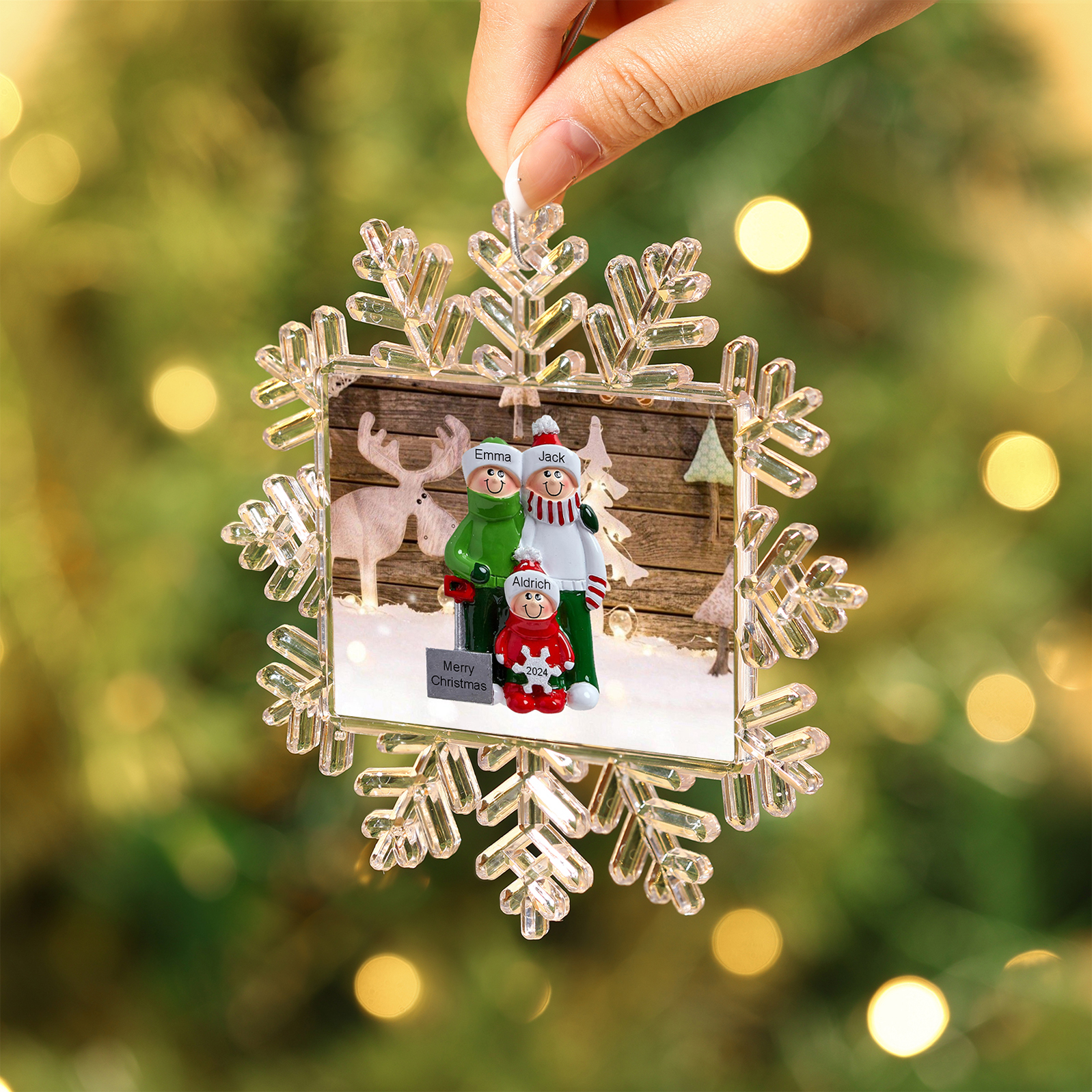 Ornamento Natalizio Personalizzato in Plastica a Forma di Fiocco di Neve - 3 Nomi e Testo Personalizzati, Regalo di Natale per Famiglia | Jessemade