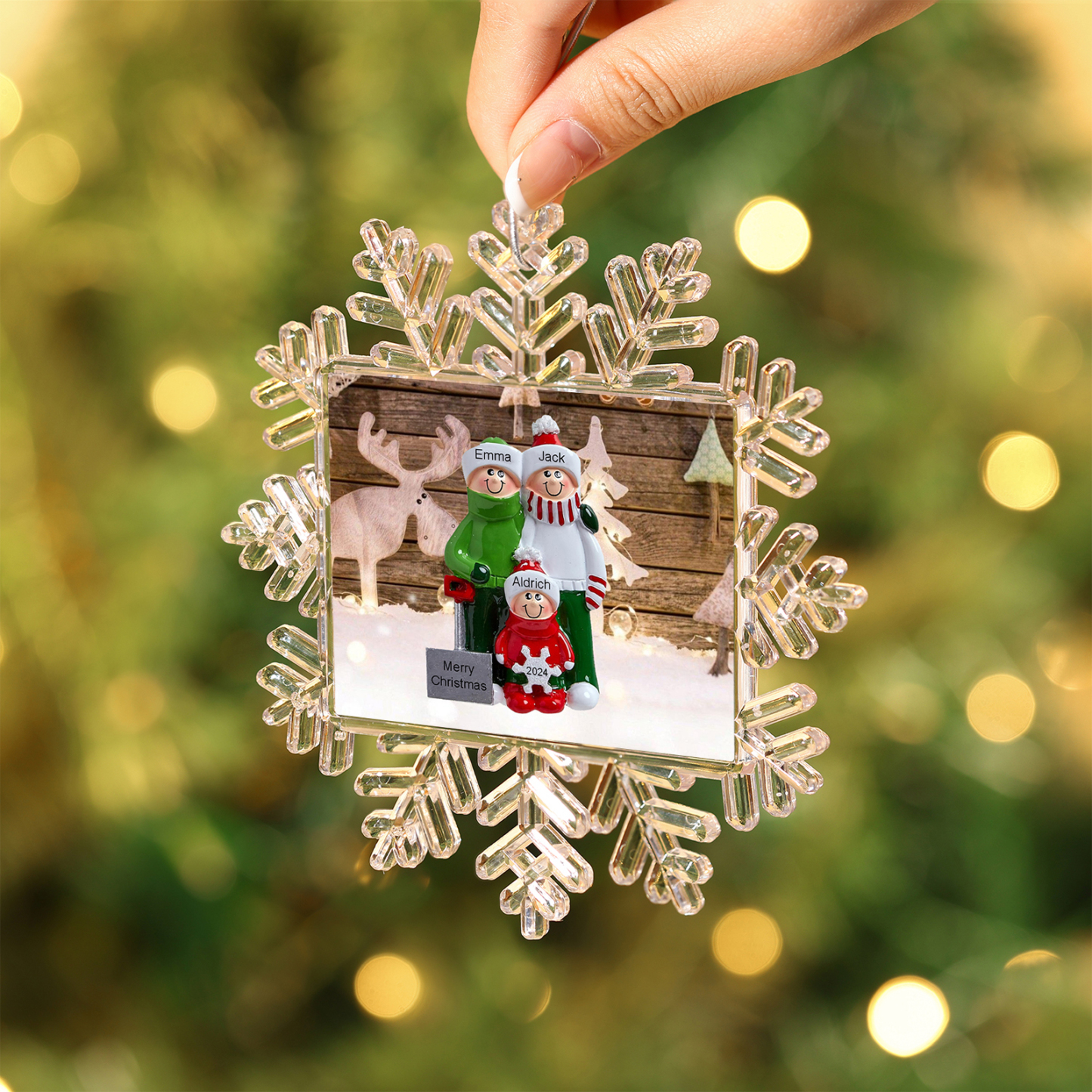 Ornamento Natalizio Personalizzato in Plastica a Forma di Fiocco di Neve - 3 Nomi e Testo Personalizzati, Regalo di Natale per Famiglia | Jessemade