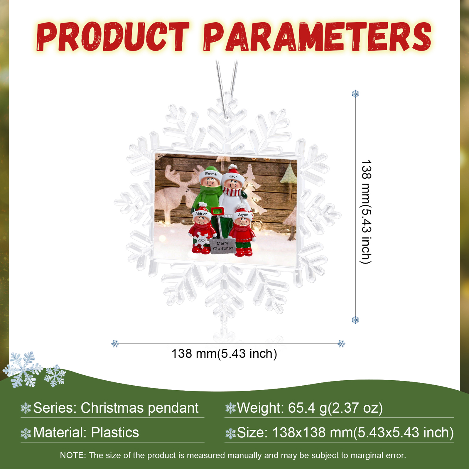 Ornamento Natalizio Personalizzato in Plastica a Forma di Fiocco di Neve - 4 Nomi e Testo Personalizzati, Regalo di Natale per Famiglia | Jessemade