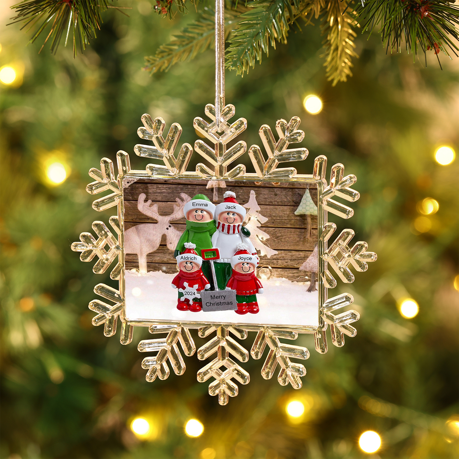 Ornamento Natalizio Personalizzato in Plastica a Forma di Fiocco di Neve - 4 Nomi e Testo Personalizzati, Regalo di Natale per Famiglia | Jessemade