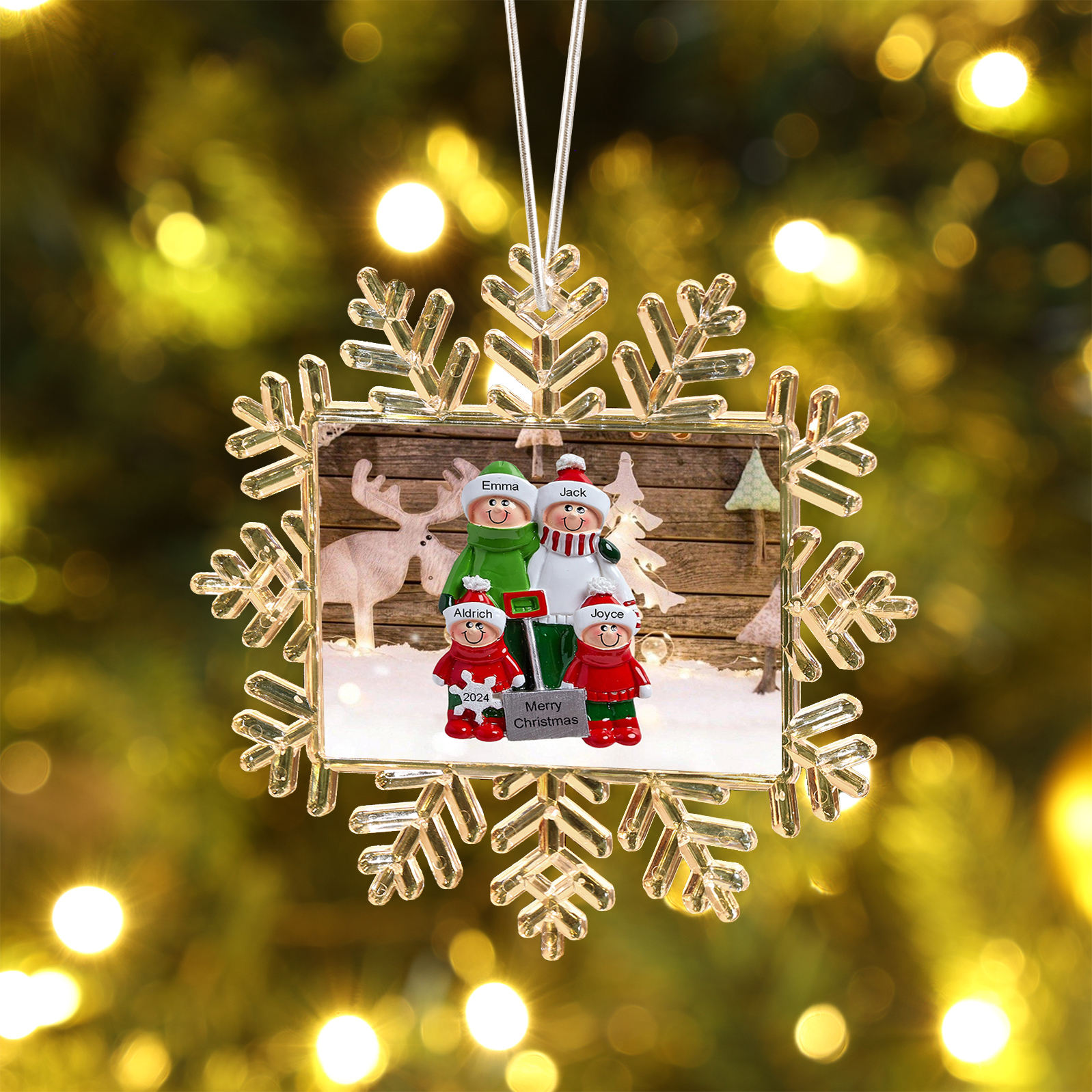 Ornamento Natalizio Personalizzato in Plastica a Forma di Fiocco di Neve - 4 Nomi e Testo Personalizzati, Regalo di Natale per Famiglia | Jessemade
