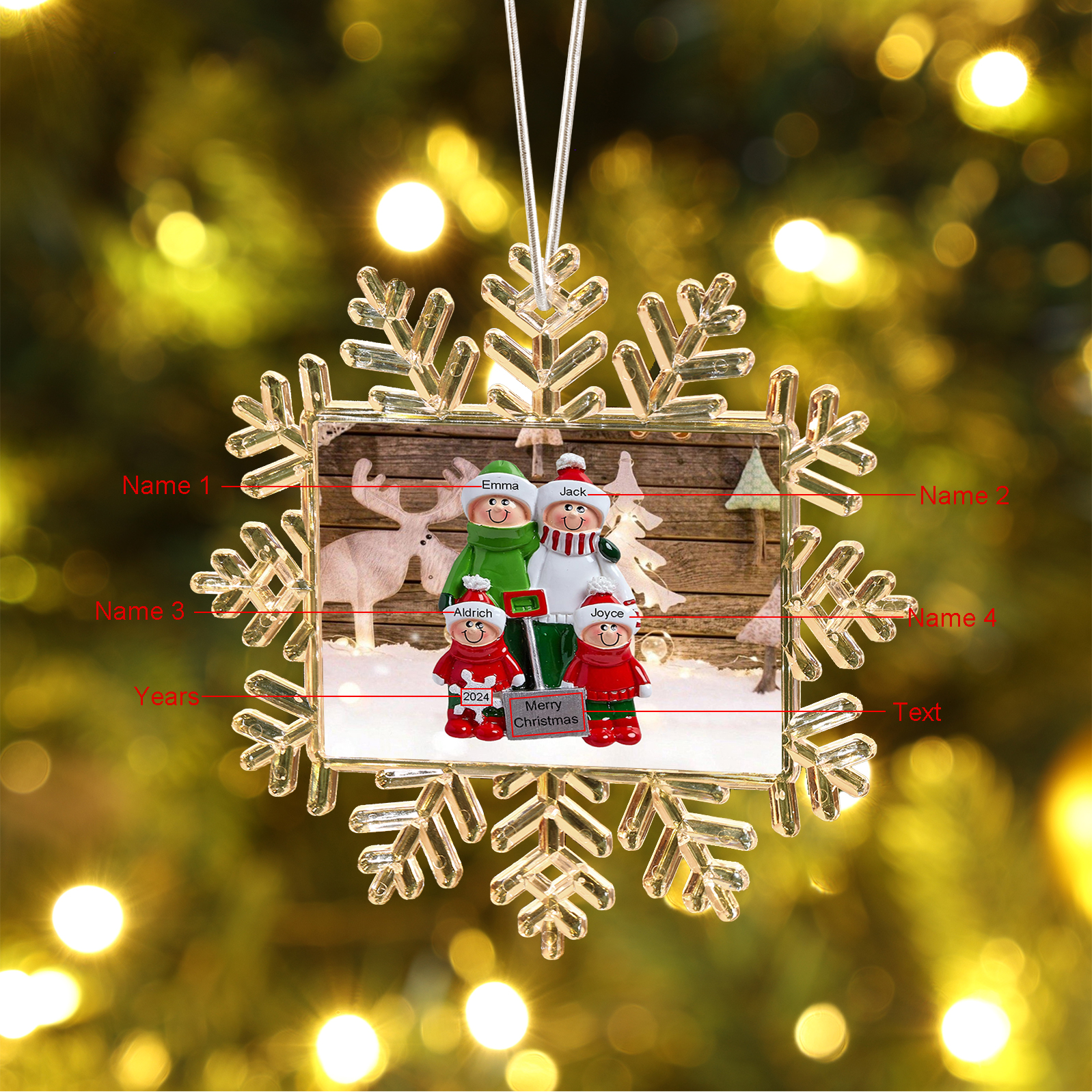 Ornamento Natalizio Personalizzato in Plastica a Forma di Fiocco di Neve - 4 Nomi e Testo Personalizzati, Regalo di Natale per Famiglia | Jessemade