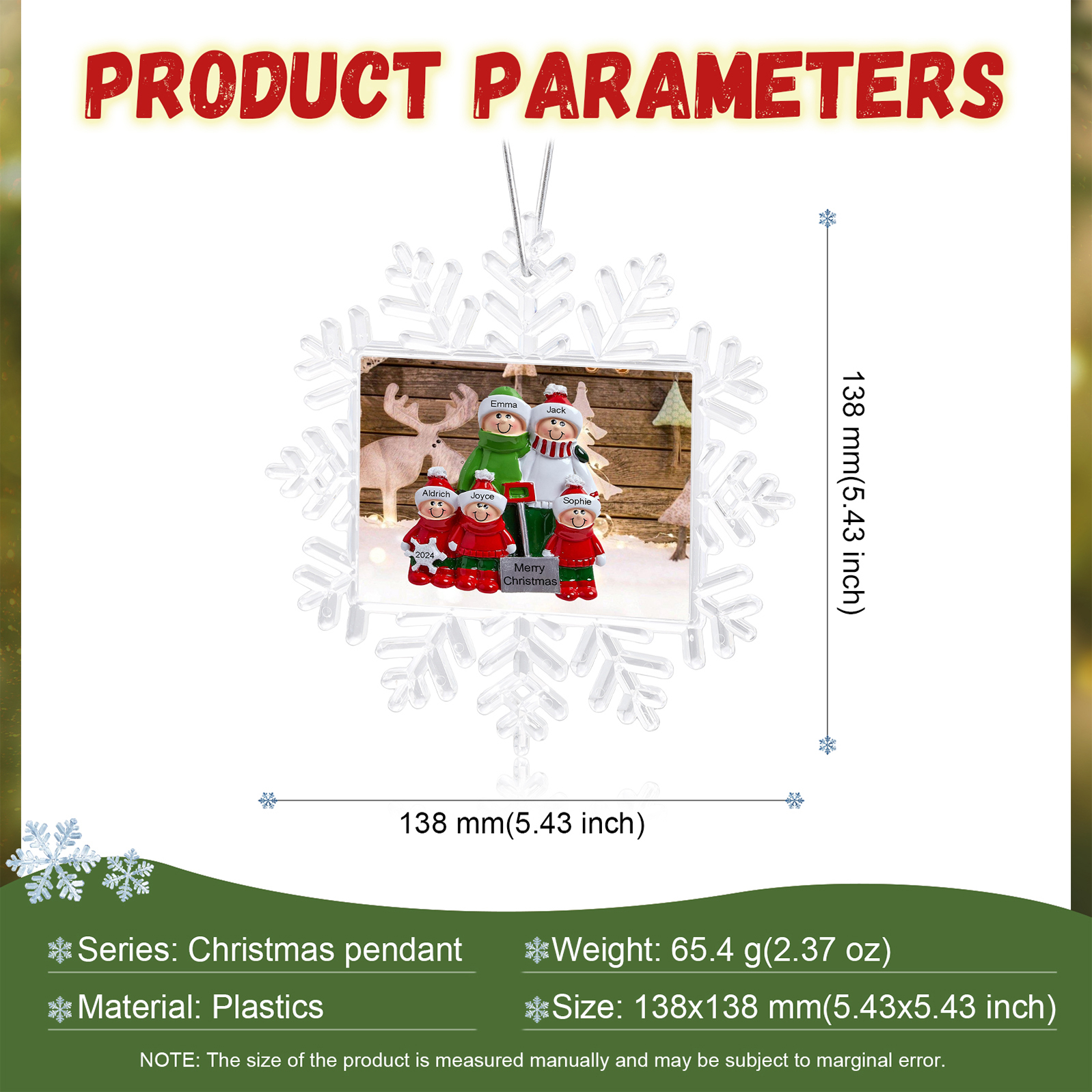 Ornamento Natalizio Personalizzato in Plastica a Forma di Fiocco di Neve - 5 Nomi e Testo Personalizzati, Regalo di Natale per Famiglia | Jessemade