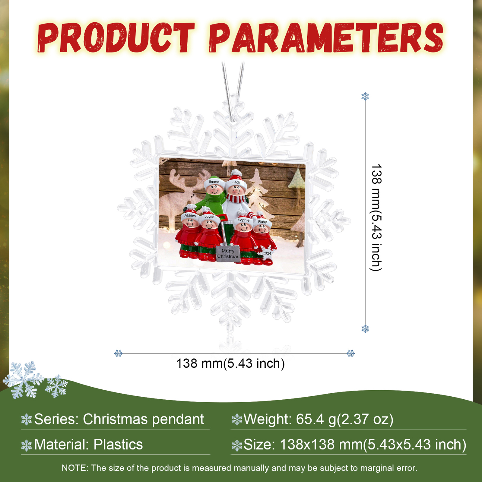 Ornamento Natalizio Personalizzato in Plastica a Forma di Fiocco di Neve - 6 Nomi e Testo Personalizzati, Regalo di Natale per Famiglia | Jessemade