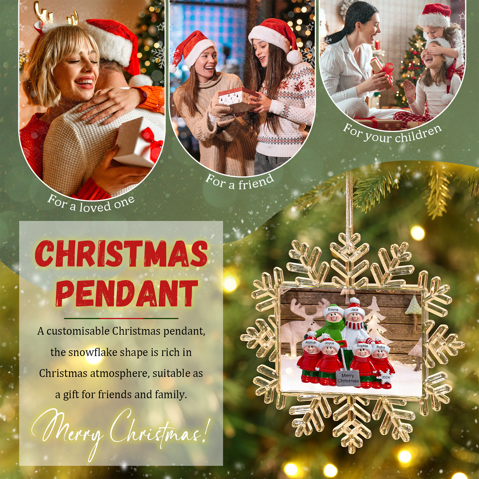 Ornamento Natalizio Personalizzato in Plastica a Forma di Fiocco di Neve - 6 Nomi e Testo Personalizzati, Regalo di Natale per Famiglia | Jessemade