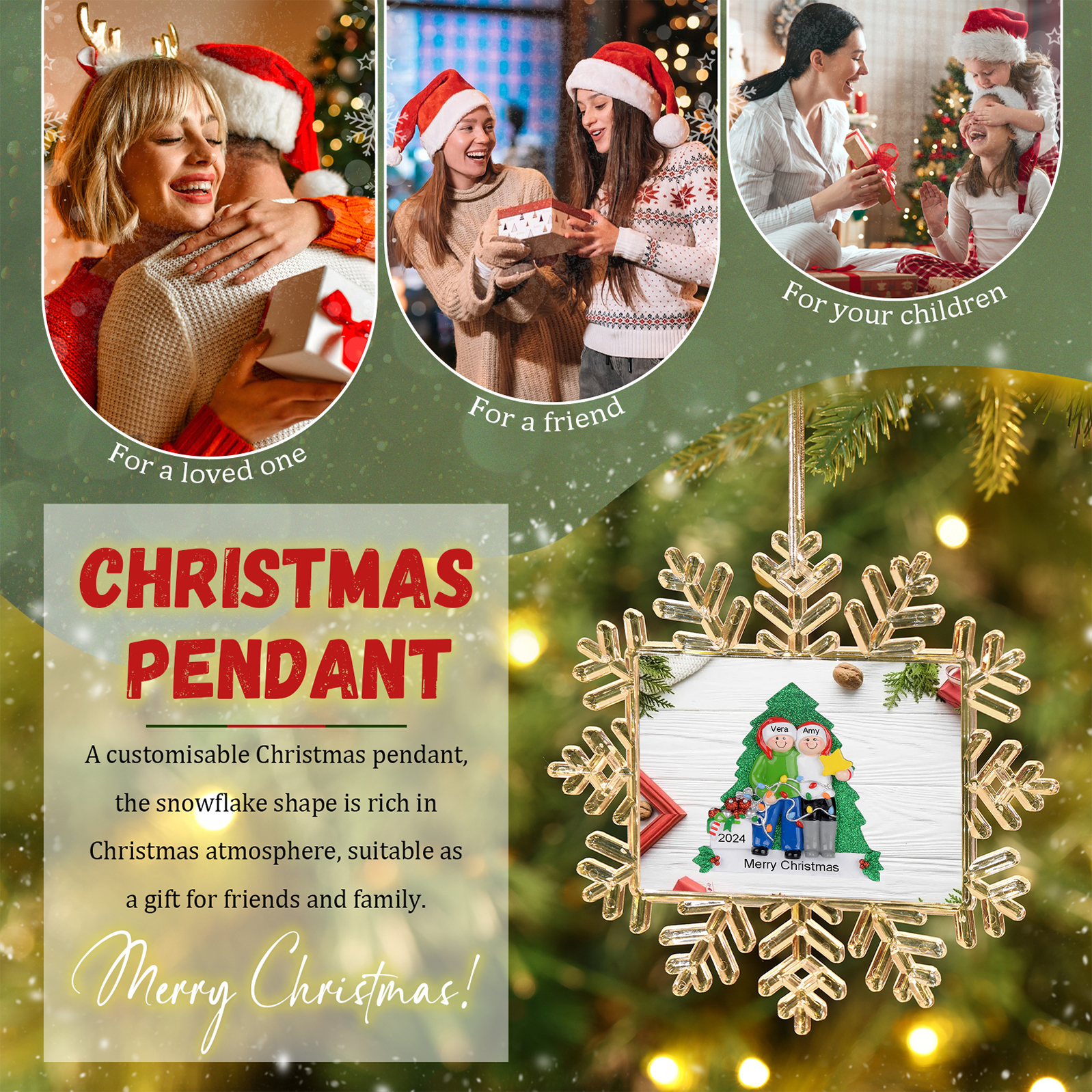 Decorazione Natalizia Personalizzata a Fiocco di Neve con Albero di Natale – Personalizza con 2 Nomi, Anno e Testo – Un Regalo di Natale  per la Famiglia | Jessemade