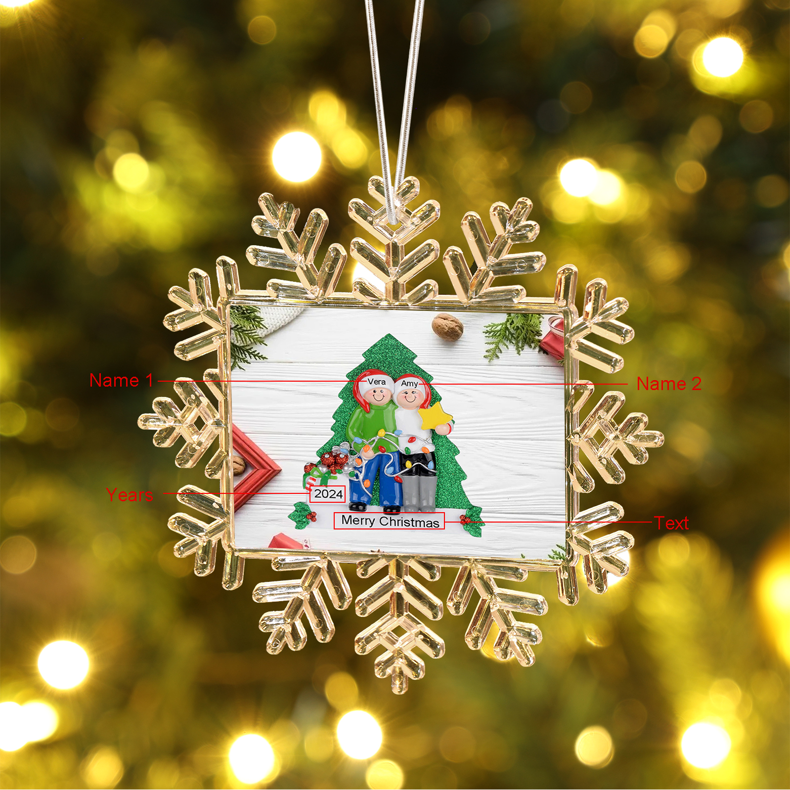 Decorazione Natalizia Personalizzata a Fiocco di Neve con Albero di Natale – Personalizza con 2 Nomi, Anno e Testo – Un Regalo di Natale  per la Famiglia | Jessemade