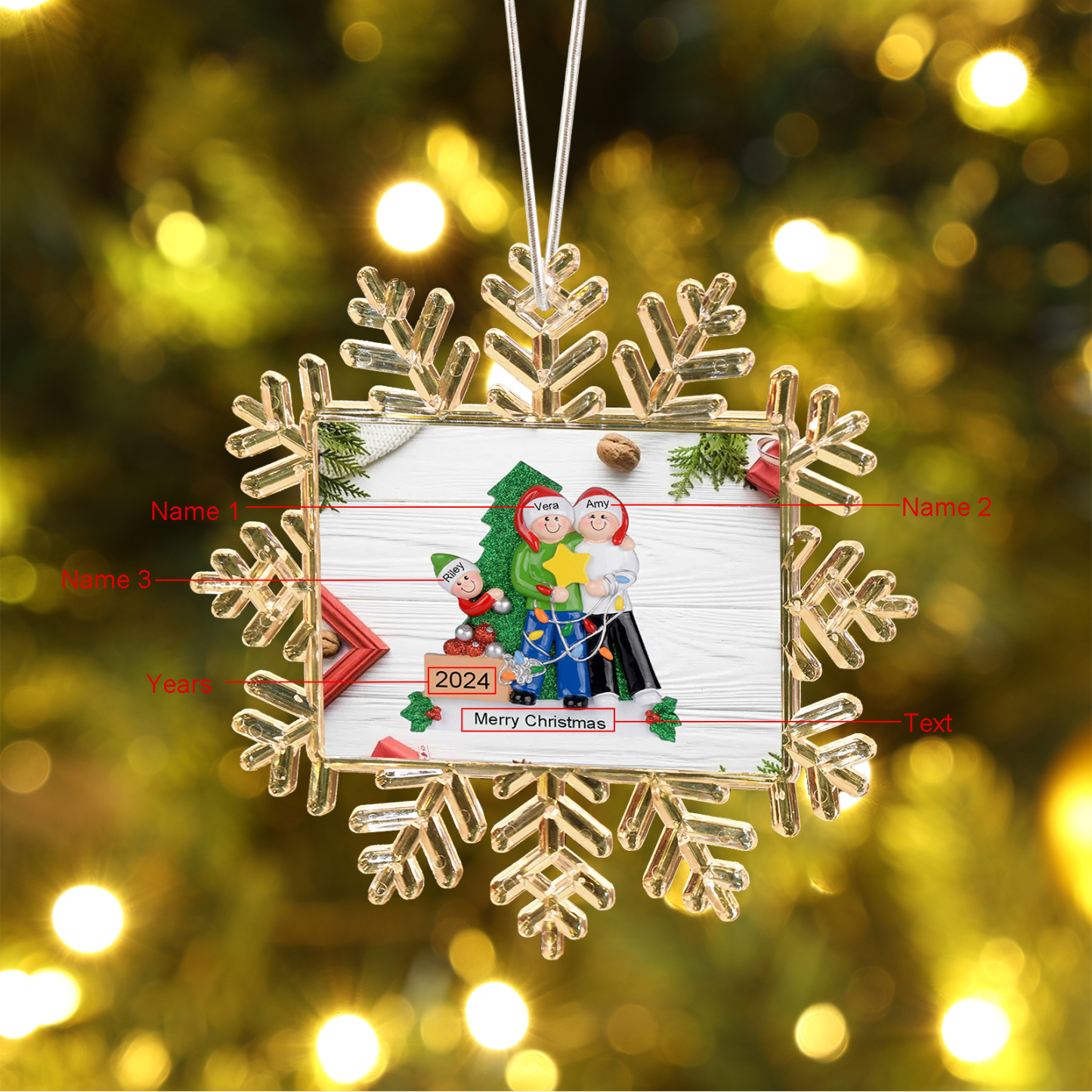 Decorazione Natalizia Personalizzata a Fiocco di Neve con Albero di Natale – Personalizza con 3 Nomi, Anno e Testo – Un Regalo di Natale  per la Famiglia | Jessemade