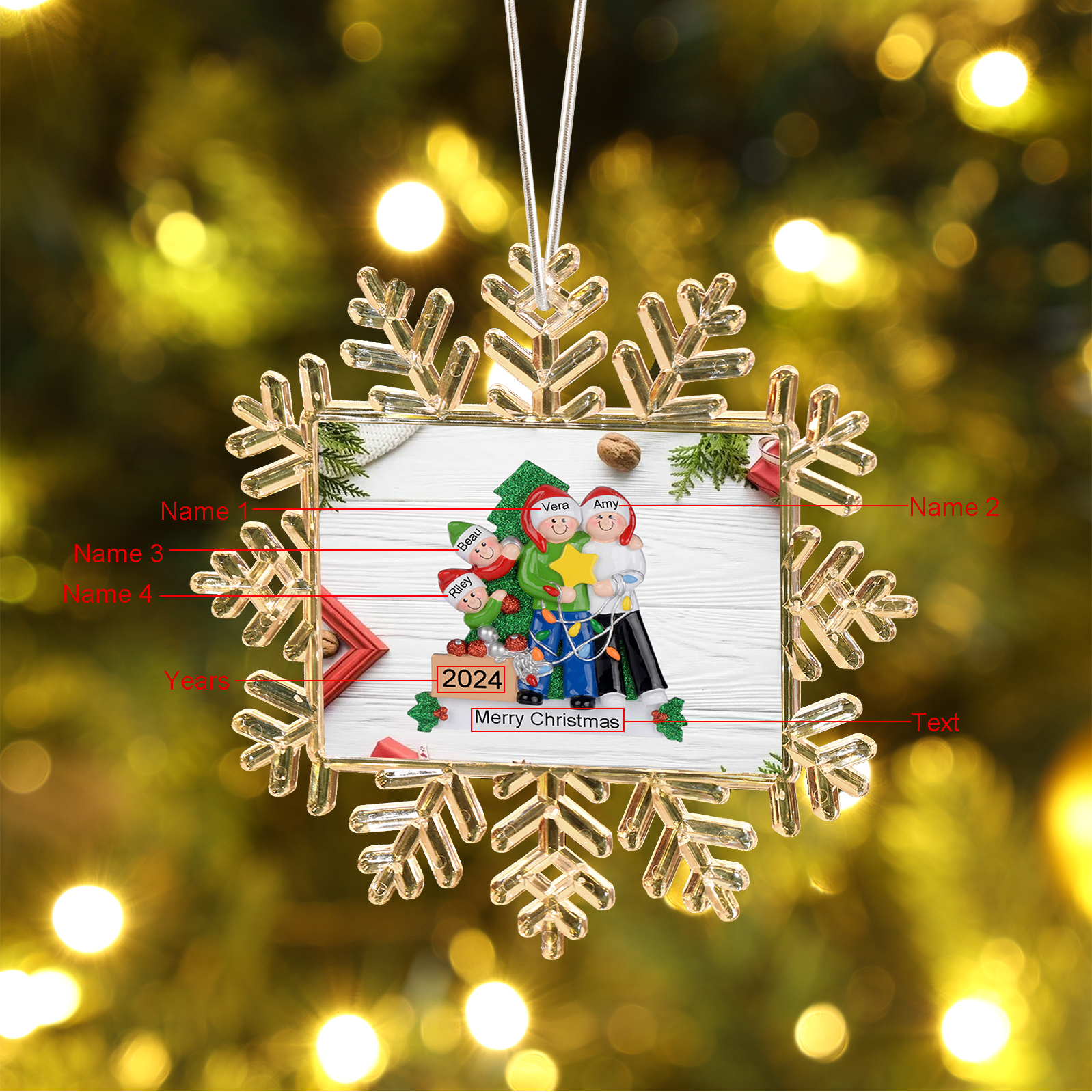 Decorazione Natalizia Personalizzata a Fiocco di Neve con Albero di Natale – Personalizza con 4 Nomi, Anno e Testo – Un Regalo di Natale  per la Famiglia | Jessemade