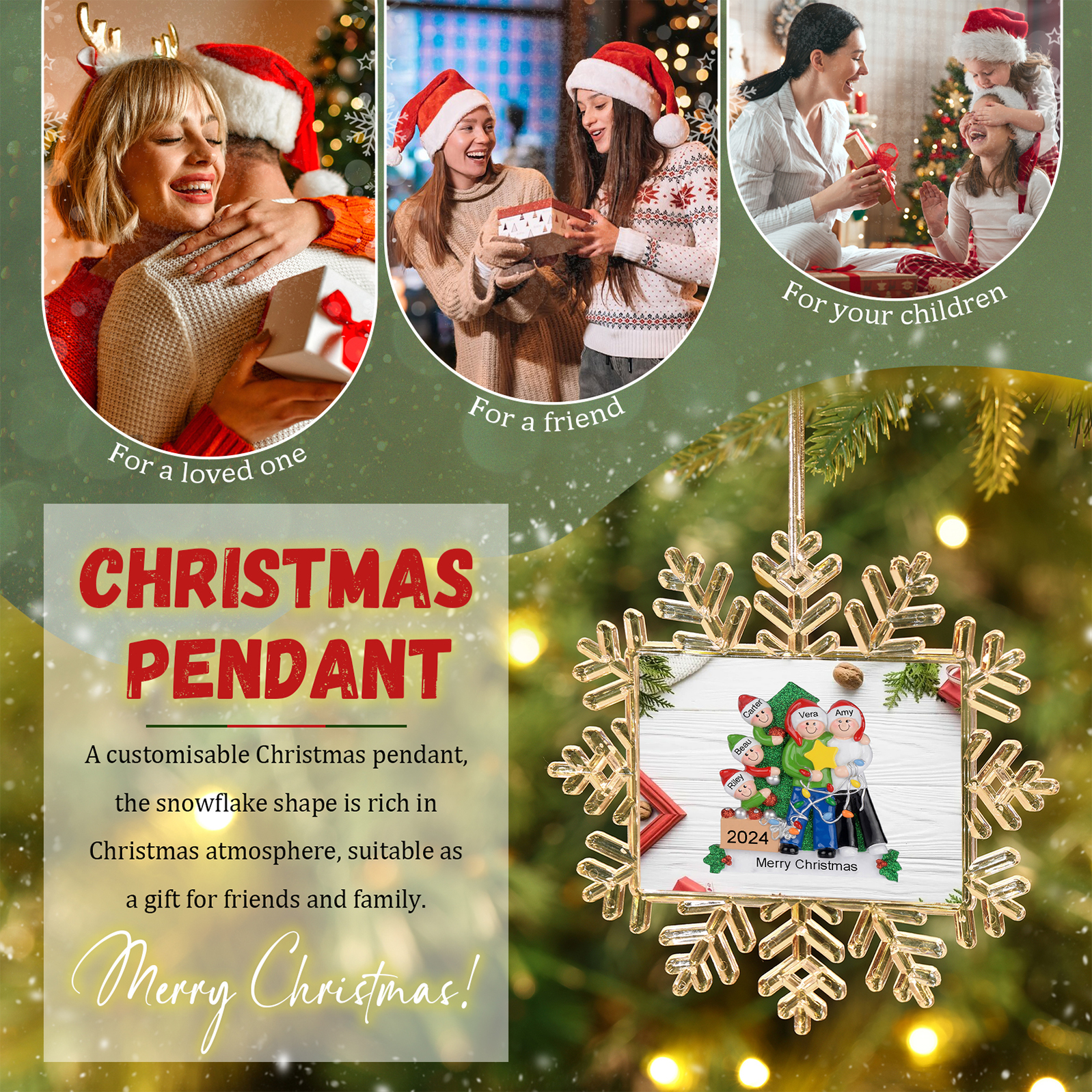 Decorazione Natalizia Personalizzata a Fiocco di Neve con Albero di Natale – Personalizza con 5 Nomi, Anno e Testo – Un Regalo di Natale  per la Famiglia | Jessemade